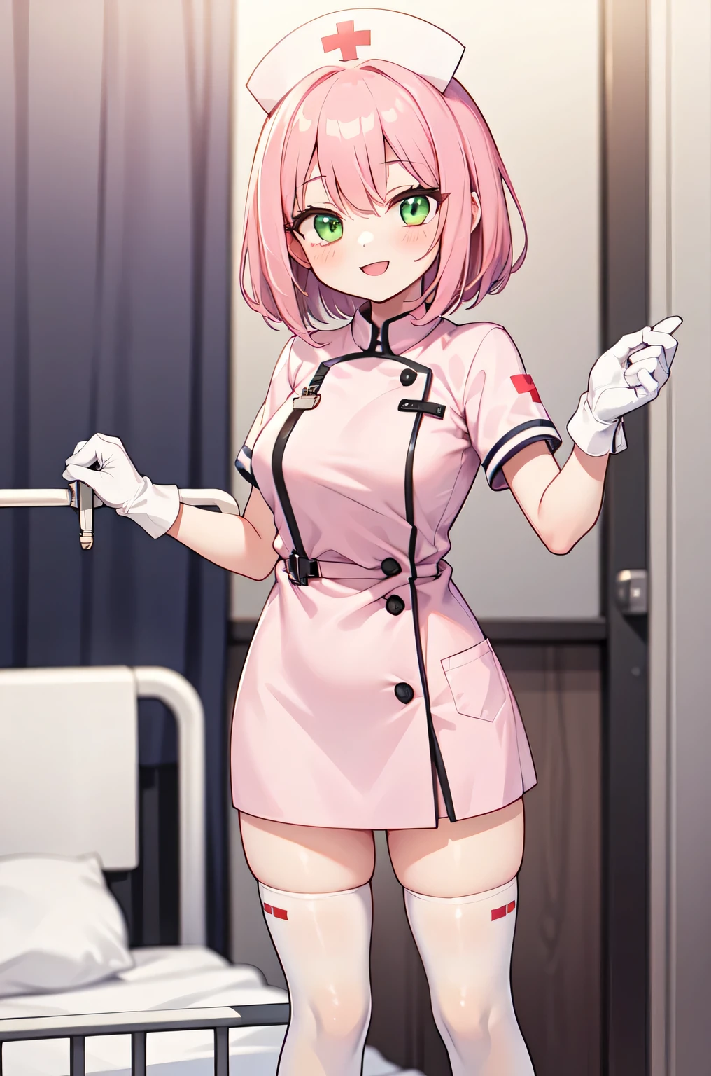 1girl, solo, nurse, white nurse cap, white nurse uniform, ((white legwear, zettai ryouiki)), white gloves, pink hair, green eyes, drooping eyes, smile, standing, ((hospital room)), sharp outline, short sleeves, best quality, masterpiece