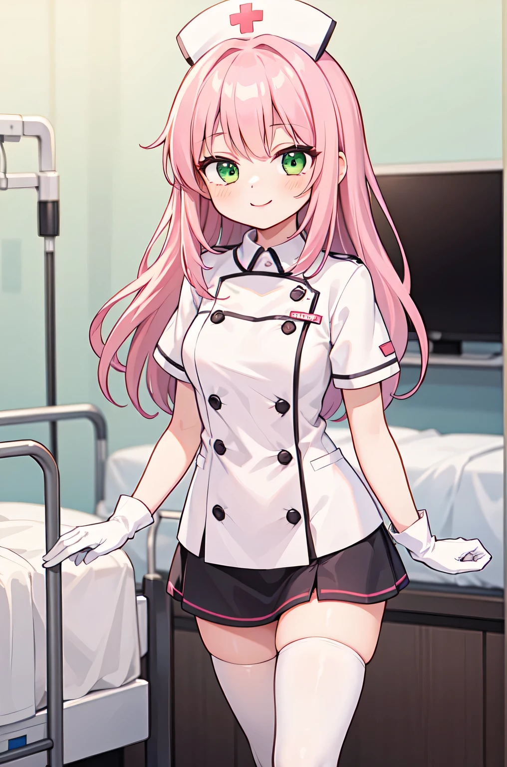 1girl, solo, nurse, white nurse cap, white nurse uniform, ((white legwear, zettai ryouiki)), white gloves, pink hair, green eyes, drooping eyes, smile, standing, ((hospital room)), sharp outline, short sleeves, best quality, masterpiece