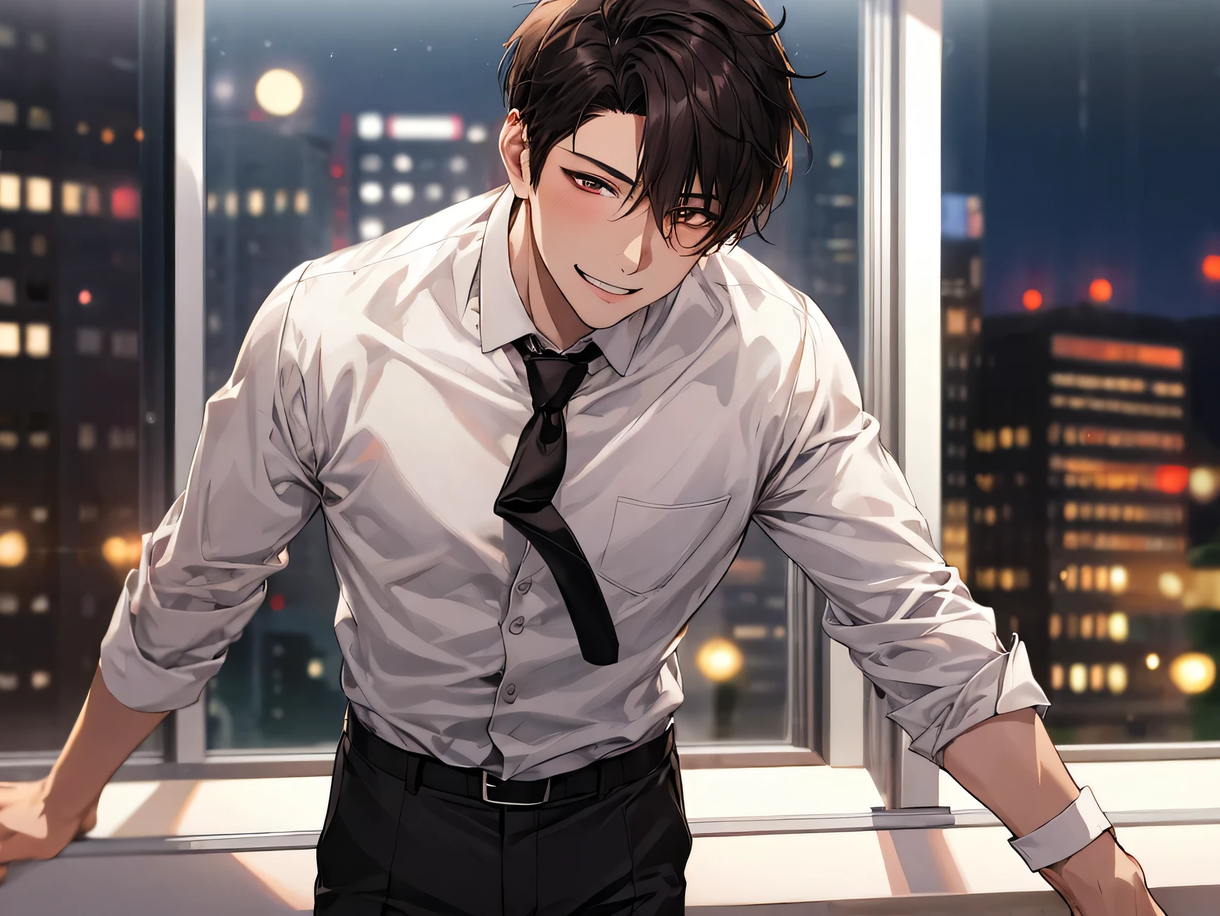 male,Horny,[ Face close-up, Adult, Smiling White Shirt, Brown eyes, black, tie, pants, highest quality, employment, Detailed face, office, Building seen from the window, Detailed Background, night,Deep night is written in the depth of the world, Bokeh