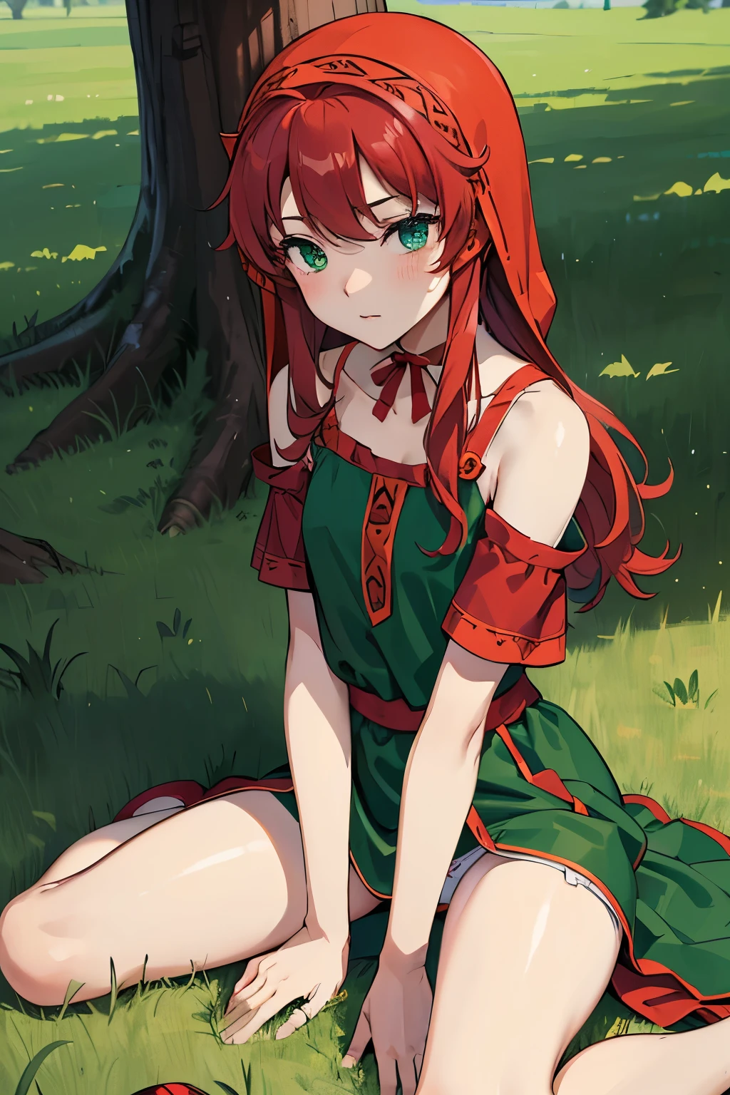 High resolution、highest quality、Small stature、Small shoulders、White skin、long hair、slender、maribel、 red hair、hood, (((green dress)))、blush、Thin thighs、((Sexual white panties、Spreading legs、Sitting on the ground、Focus on panties))、Daytime Grassland