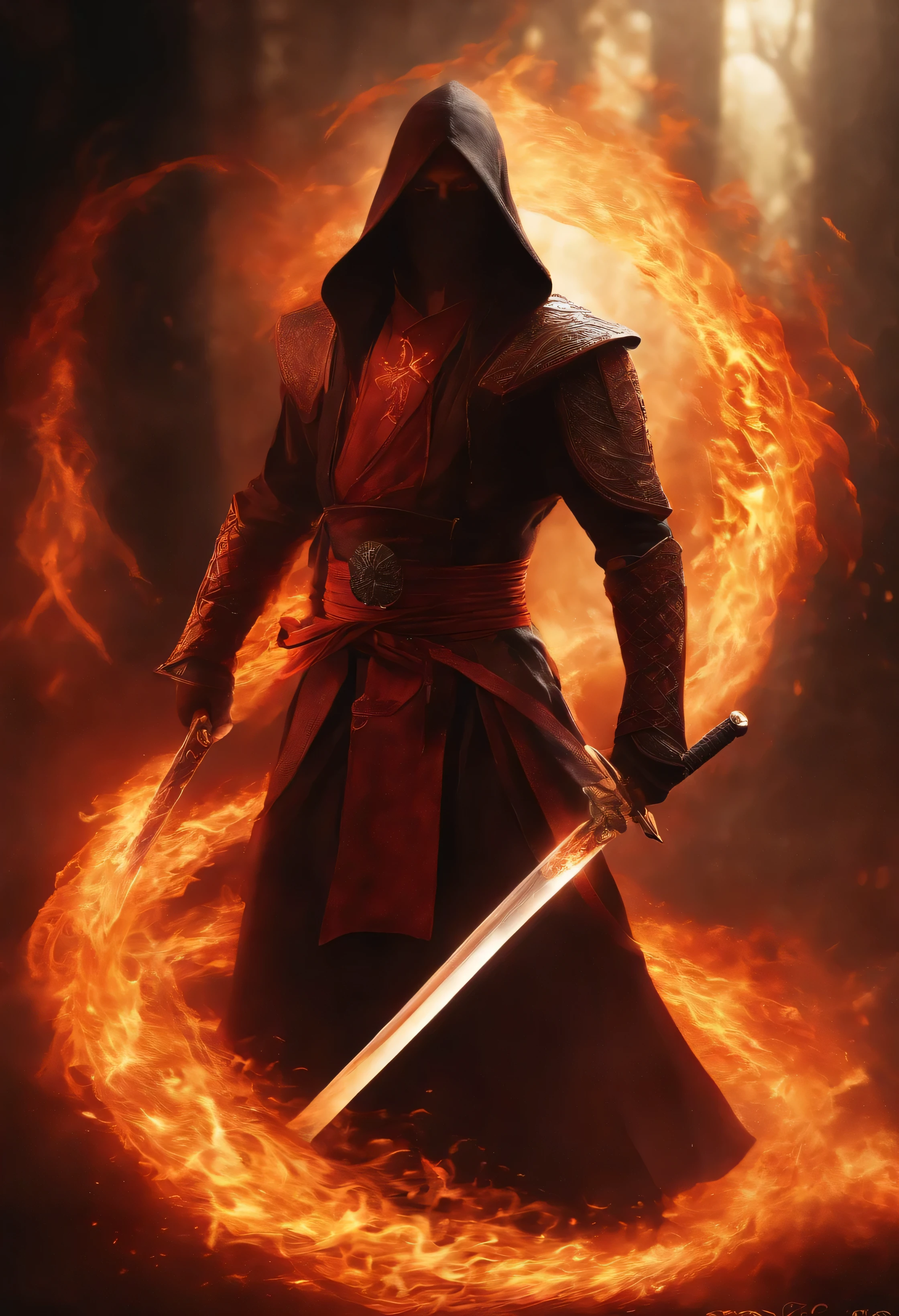 The Soulfire Katana finds its mysterious master, a male figure veiled in the ethereal flames that mirror the blade's crimson etchings. His enigmatic presence suggests an intimate connection to the infernal forces. As he wields the katana, fiery shadows envelop him, creating an enigmatic dance of destruction and rebirth, embodying the eternal cycle of flames.