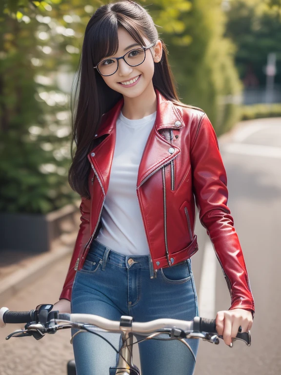 ((highest quality, 8k, masterpiece: 1.3)), sharp: 1.2, Perfect body beauty: 1.4,(((Cute Japanese girl riding a bike))),Slender body,((Red long sleeve motorcycle jacket and jeans)),Highly detailed face and skin texture,((Full Body Shot)),Natural light,smile, I always wear glasses, Scenic location