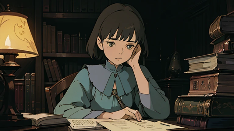 A girl, ensconced in a cozy corner on a rainy evening, sits surrounded by a jumble of books with an intensely profound study attitude. The soft yellow glow of the desk lamp illuminates her thoughtful expression, revealing her deep concentration and composed posture. Her inquisitive eyes dart back and forth between the pages, her nimble fingers turning them with subtle tilt, as she absorbs the old world wisdom contained within. The timeworn margins and sultry aura of the books add to the quiet night ambiance, creating a peaceful and tranquil countenance. This scholarly young woman, clad in plain attire, appears to be a seeker of knowledge and intellect