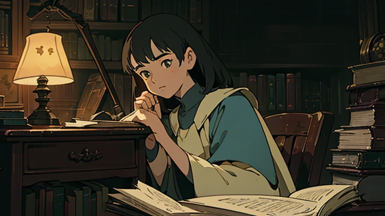 A girl, ensconced in a cozy corner on a rainy evening, sits surrounded by a jumble of books with an intensely profound study attitude. The soft yellow glow of the desk lamp illuminates her thoughtful expression, revealing her deep concentration and composed posture. Her inquisitive eyes dart back and forth between the pages, her nimble fingers turning them with subtle tilt, as she absorbs the old world wisdom contained within. The timeworn margins and sultry aura of the books add to the quiet night ambiance, creating a peaceful and tranquil countenance. This scholarly young woman, clad in plain attire, appears to be a seeker of knowledge and intellect