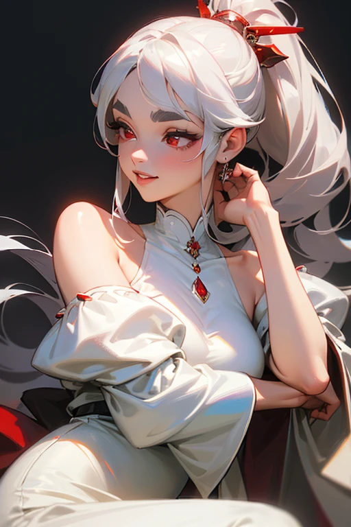 (highest quality, masterpiece:1.2), High resolution, Very detailed, Realistic:1.37, Fantasy, An illustration,Gray Hair、 Red eyes、Queen, White Dress、Platinum decoration、beautifully、Eyeshadow Red、Thick eyebrows、Long eyelashes、pupils are black、shiny on the lips、Top Sites、Queen、Princess、ponytail、A kind smile、Show your teeth a little and smile、Soft impression、people々々々々々々Loved by、Slimming the face、Shoulder Bare、sexy、