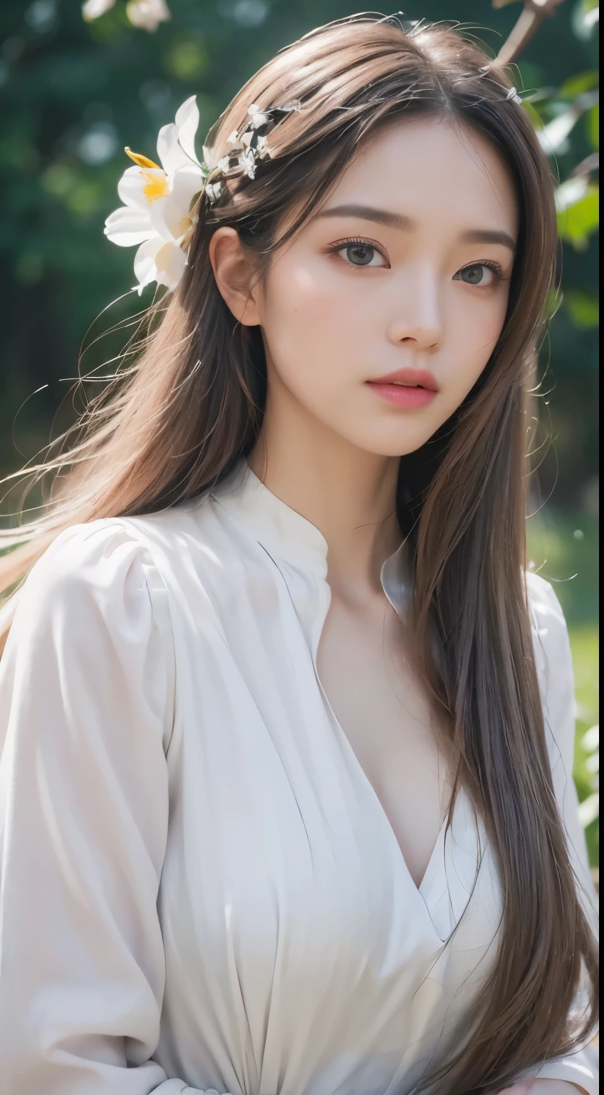 (best quality,4K,8k,high resolution,masterpiece:1.2),Super detailed,(Practical,photoPractical,photo-Practical:1.37),portrait,Miss,Flowing long hair,Off-white iris,empty stare,Pink lips,There are white flowers on the tips of the hair,Graceful figure