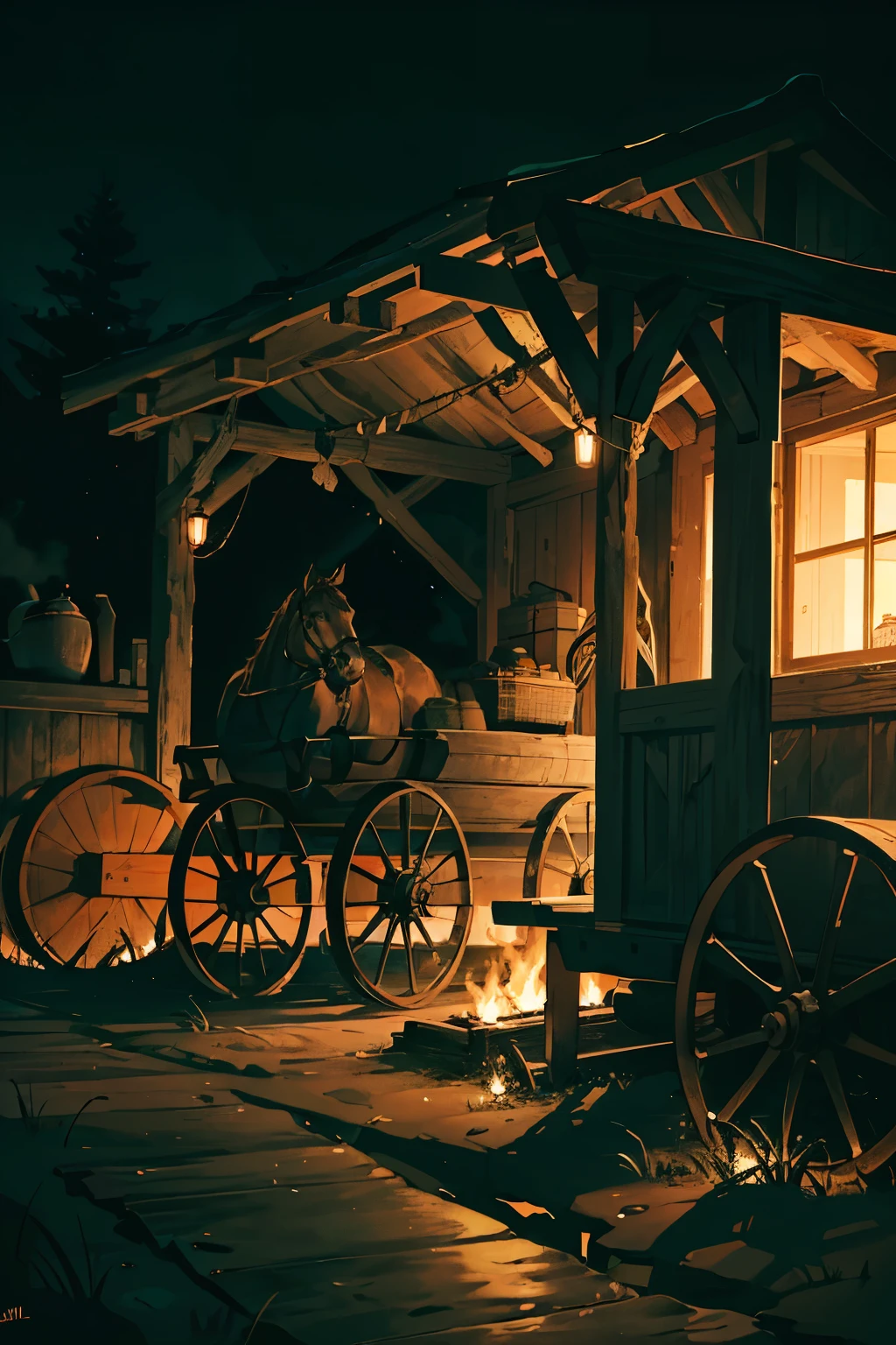 A wagon in the middle of the night, creaking wheels, dimly lit by the moonlight, rustic texture, Old-fashioned design, horse hitched nearby, cold and mysterious atmosphere, long shadows, Muted tones, Realistic, High resolution, Detailed, 4K. The wagon's wooden surface shows signs of weathering, and the fire from a nearby camp illuminates the scene, adding depth and dimensionality. The horse snorts softly, creating a sense of tension in the still night air. The atmosphere is atmospheric, with a clean and intricate rendering.