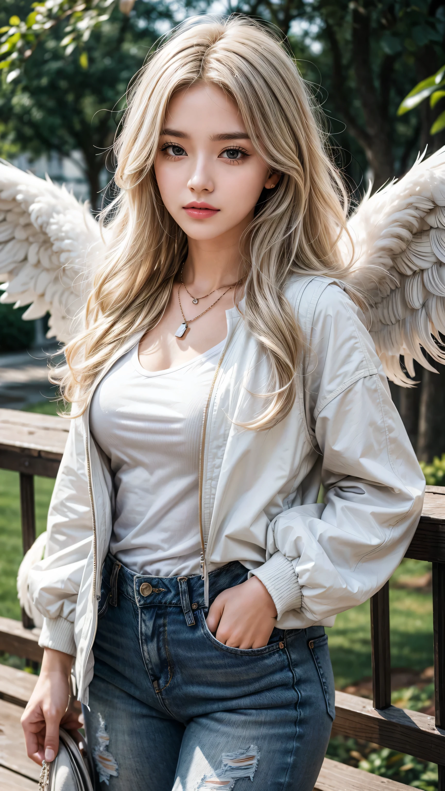 1 Girl, Medium breasts, Blonde hair, Long hair, curls, Gray eyes, White feather wings, Angel, outdoor, White jacket, Necklace, Vest, jeans
