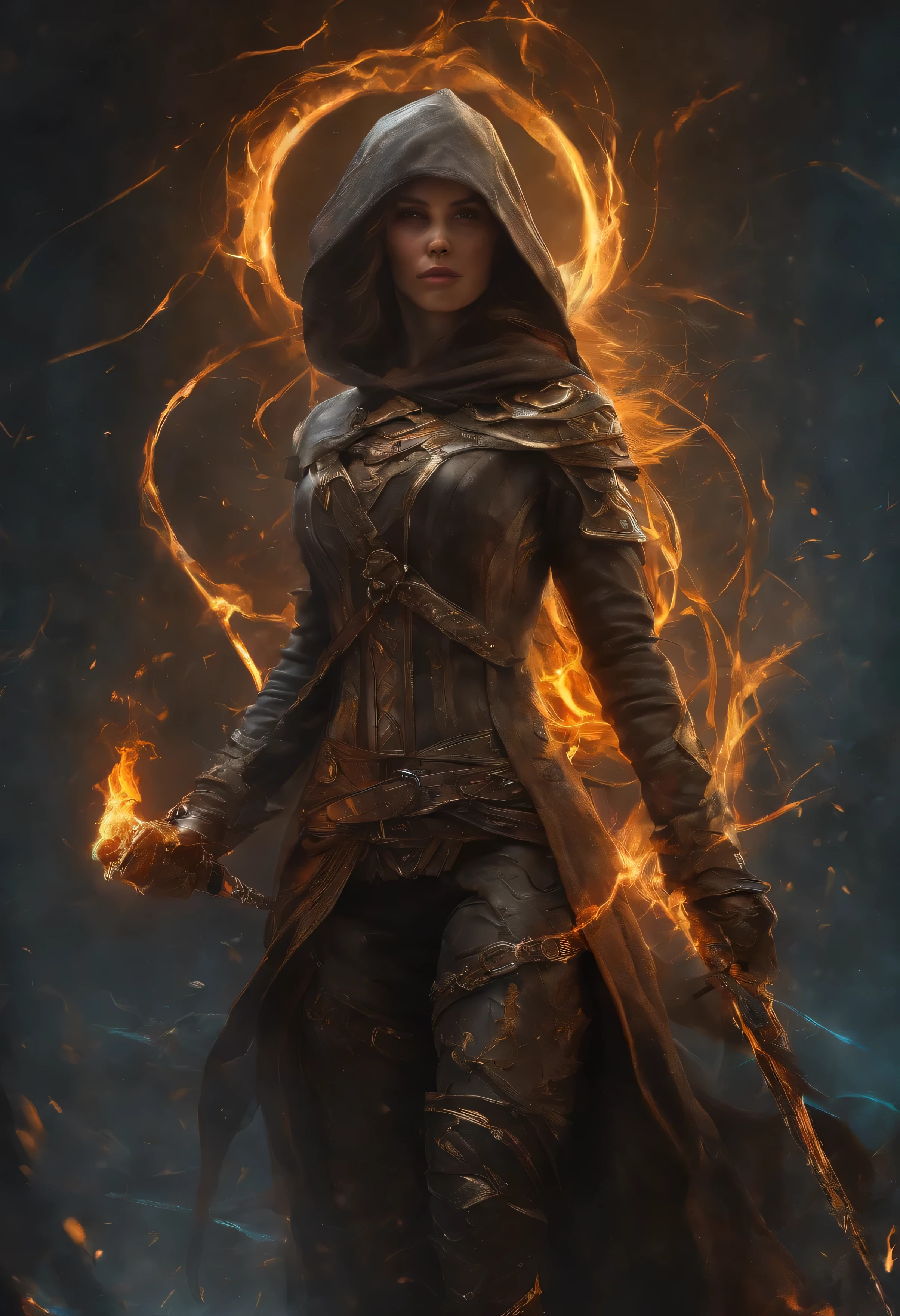 masterpiece, Rogue assassin girl, wearing a hood, blonde hair, shrouded in shadows, holding a flaming dagger in each hand, vibrant glowing abyssal colors, entirely in frame, FULL BODY, radiating electrical energy, shoulder length messy hair, Full body, Beautiful anime waifu style girl, hyperdetailed painting, luminism, art by Carne Griffiths and Wadim Kashin concept art, 8k resolution, fractal isometrics details bioluminescence , 3d render, octane render, intricately detailed , cinematic, trending on art station Isometric Centered hyper realistic cover photo awesome full color, hand drawn , gritty, realistic, intricate, hit definition , cinematic, Rough sketch, bold lines, on paper, vibrant, epic, ultra high quality model