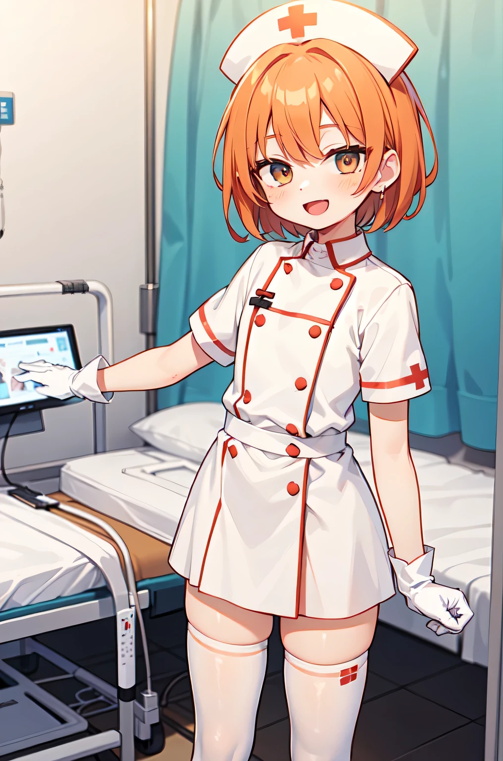 1boy, solo, male focus, nurse, white nurse cap, white nurse uniform, ((white legwear, zettai ryouiki)), white gloves, short hair, orange hair, smile, open mouth, standing, ((hospital room)), sharp outline, short sleeves, shota, 12 years old, best quality, masterpiece