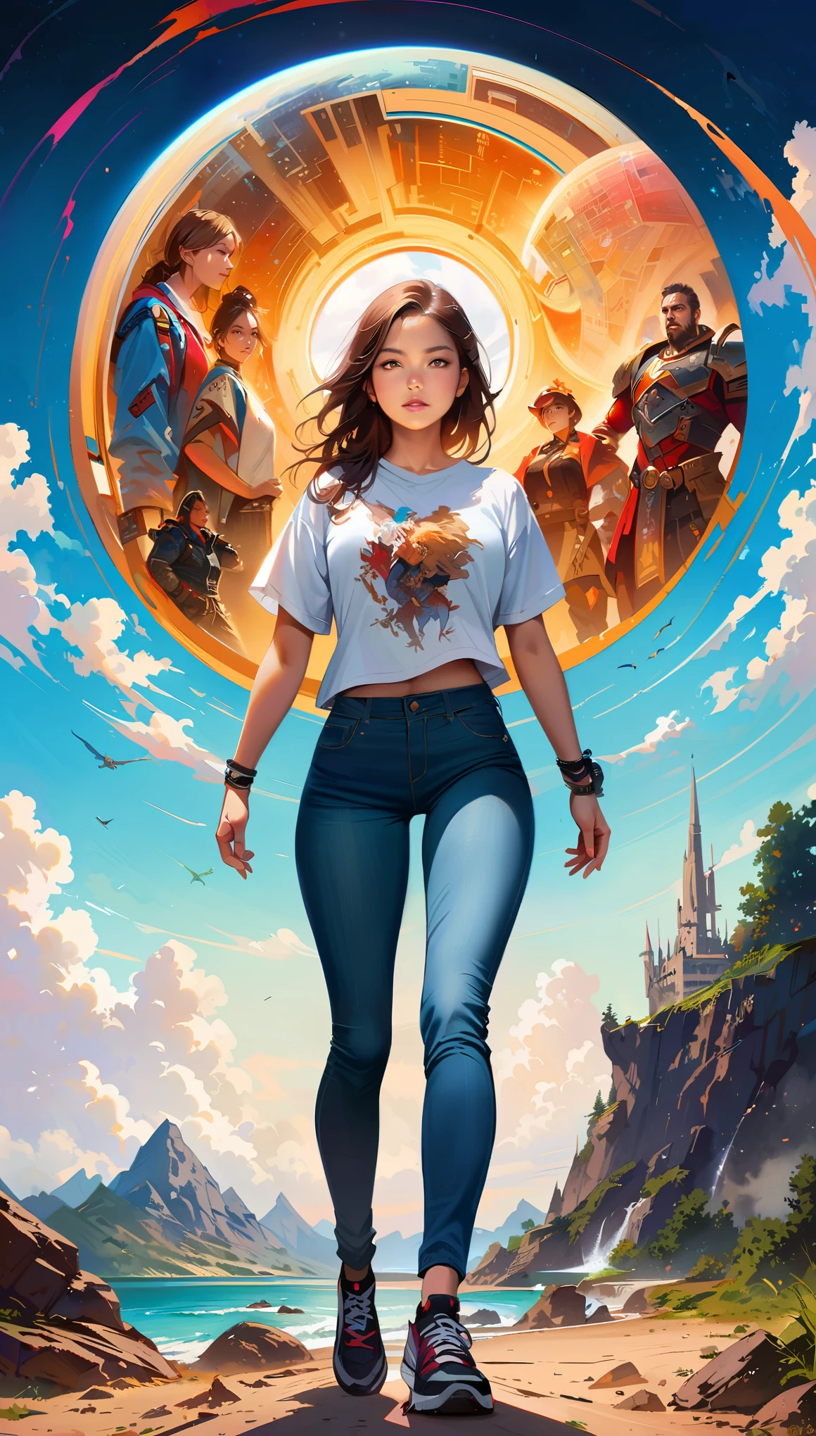 (realistic, photo, detailed:1.1), (masterpiece:1.2, best quality), (4k:1.1), (highres:1.1), mix otw different worlds, realistic modern woman, wear daily modern clothes (jeans, t-shirt,sport shoes), dive in game, meet game fantasy heroes inside a game, warhammer 40000, wormhole beetwen two worlds, vivid colors, fantasy style, mystical lighting