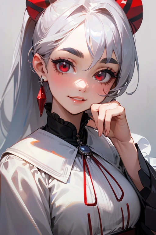 (highest quality, masterpiece:1.2), High resolution, Very detailed, Realistic:1.37, Fantasy, An illustration,Gray Hair、 Red eyes、Queen, White Dress、Platinum decoration、beautifully、Eyeshadow Red、Thick eyebrows、Long eyelashes、pupils are black、shiny on the lips、Top Sites、Queen、Princess、ponytail、A kind smile、Show your teeth a little and smile、Soft impression、people々々々々々々Loved by、Slimming the face、Shoulder Bare、sexy、