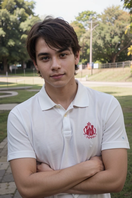 Foto profissional, de um homem jovem adulto, olhando para a camera, facing the camera, posturado, with head erect, with arms crossed, usando uma camisa polo da cor vermelha, escrito IMPACT PHISIOLOGY como logo marca