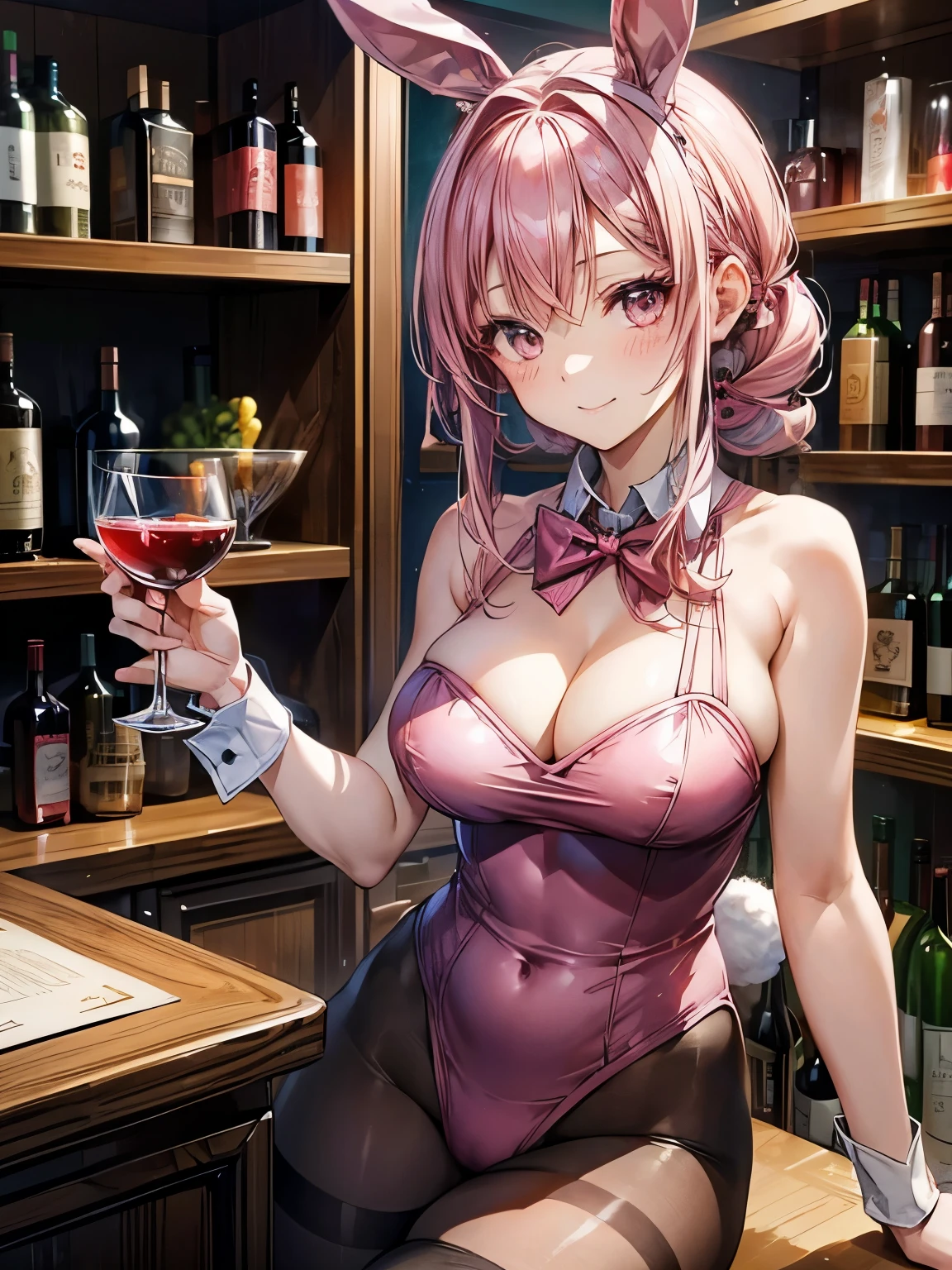 highest quality、Nice sexy body、One Woman、solo、(Beautiful busty woman:1.5)、Medium hair woman、((Pink haired woman))、Bunny girl、(ピンク色のBunny girlハイレグレオタードを着た女性)、A woman wearing brown pantyhose、Woman wearing a pink bow tie、Smiling woman、A woman who is drunk、Woman with a red face、Stylish bar、bar counter、A liquor shelf with many wines lined up
