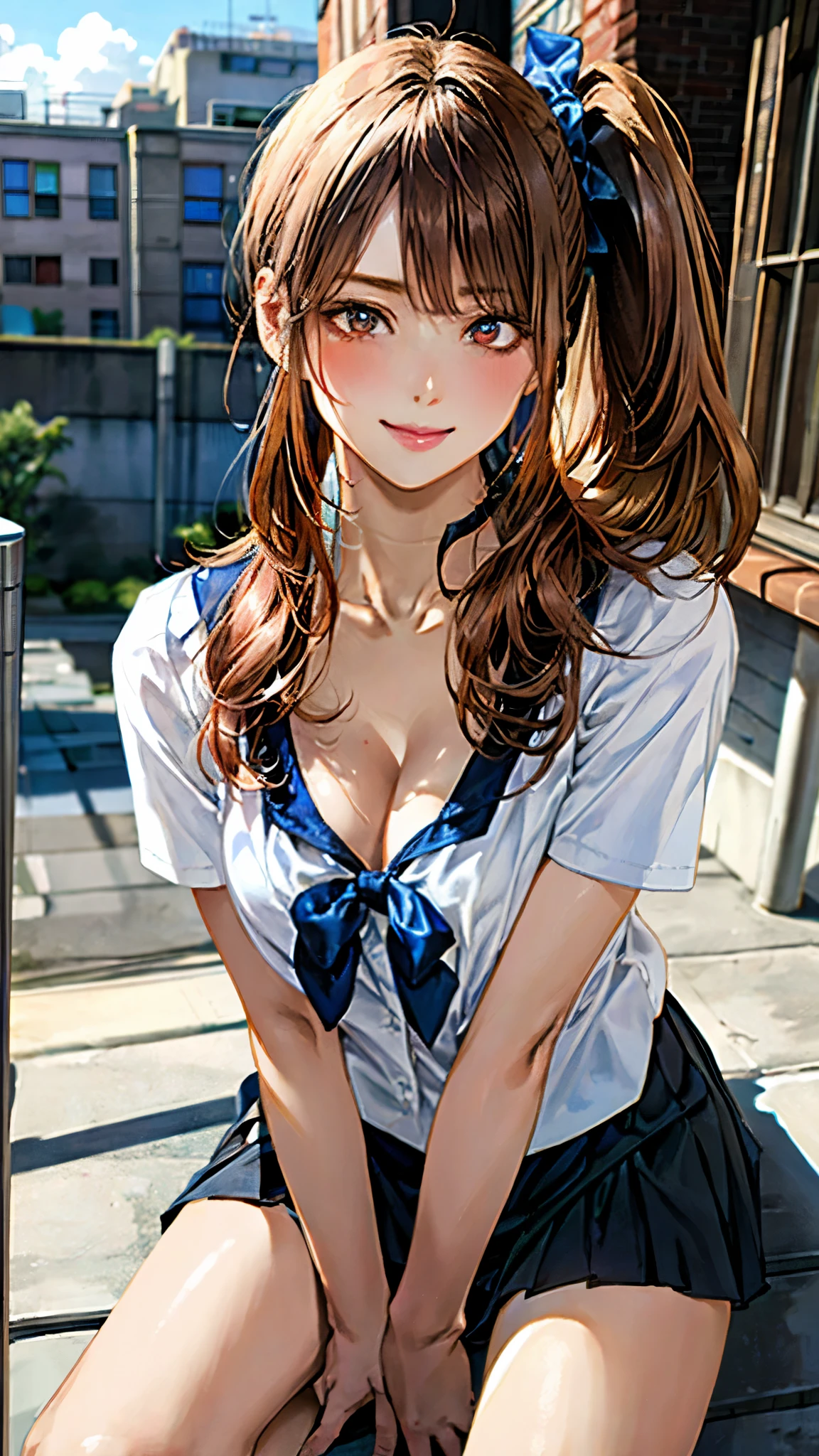 (masterpiece:1.3, top-quality, ultra high resolution, ultra detailed), (realistic, photorealistic:1.4), beautiful illustration, perfect lighting, natural lighting, depth of fields, nsfw, 
beautiful detailed hair, beautiful detailed face, beautiful detailed eyes, beautiful clavicle, beautiful body, beautiful chest, beautiful thigh, beautiful legs, beautiful hands, white skin, shiny skin,
looking at viewer, 1 girl, high school girl, (perfect anatomy, anatomically correct, super detailed skin), cute and symmetrical face, babyface, perfect face, perfect eyes, outstanding style, 
(middle hair:1.2, side ponytail hair:1.4, copper tone hair), asymmetrical bangs, navy eyes, long eye lasher, (large breasts:0.8, seductive thighs), nipple hardening, (cleavage:1.2), slender, 
((detailed cloth texture, short sleeve white collared shirt, blue bow tie, dark blue pleated mini skirt), pink hair chouchou, choker, wrist chakra), 
(beautiful scenery), evening, (school rooftop), sitting on floor, leaning forward, hands on your knees, (lovely smile, upper eyes), 