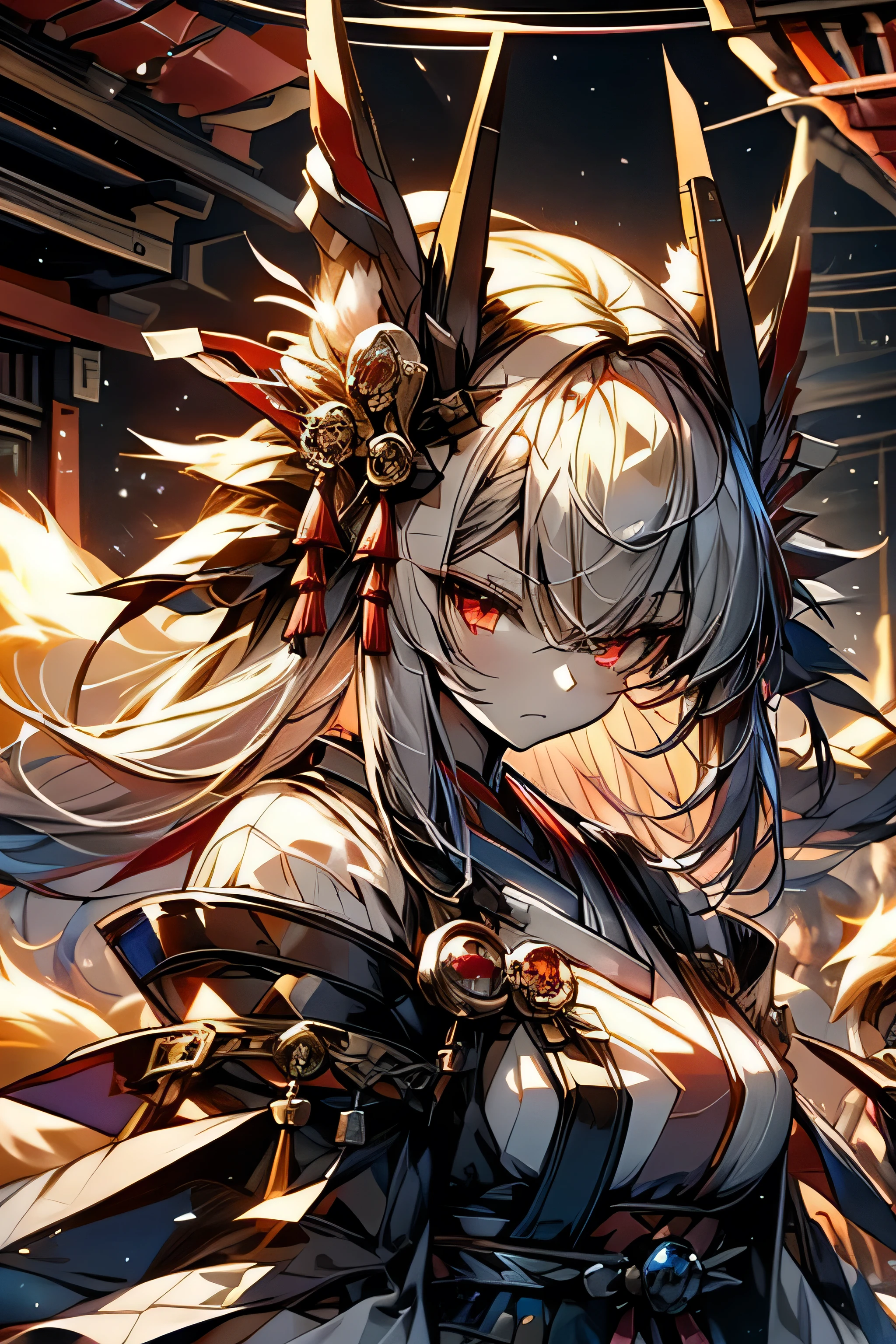 ((highest quality)), ((masterpiece)), (detailed),(pettie),Perfect Face,white hair,red eyes,Fair skin,Fox,Nine-Tailed Fox,Onmyoji,multiple tails,fox tails,Fiery-eyed,Kyoto