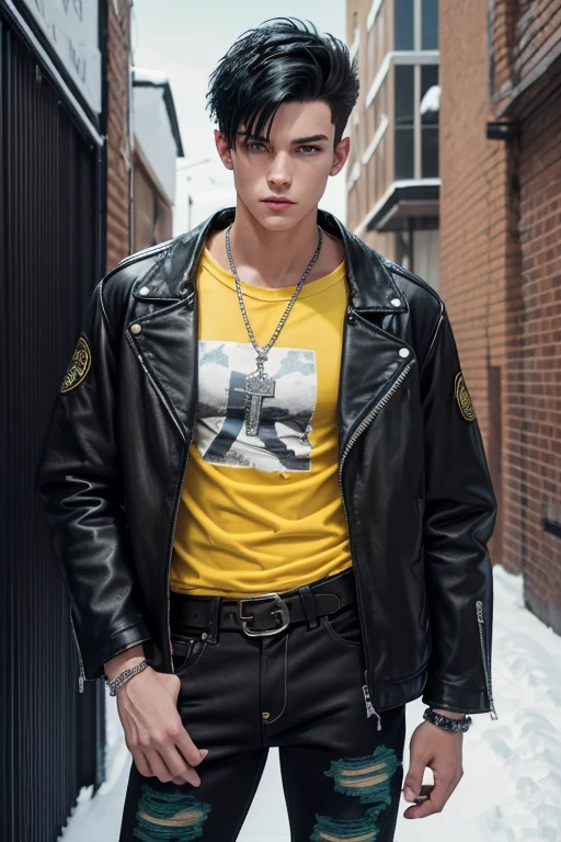 Brooks Darnell 20-year-old boy with open black jacket, blue t-shirt with snow print, short black hair, punk style, yellow locks, black jeans, green eyes, black leather belt, silver buckle, slim muscular build, cross medallion, silver bracelet, looking straight at the viewer