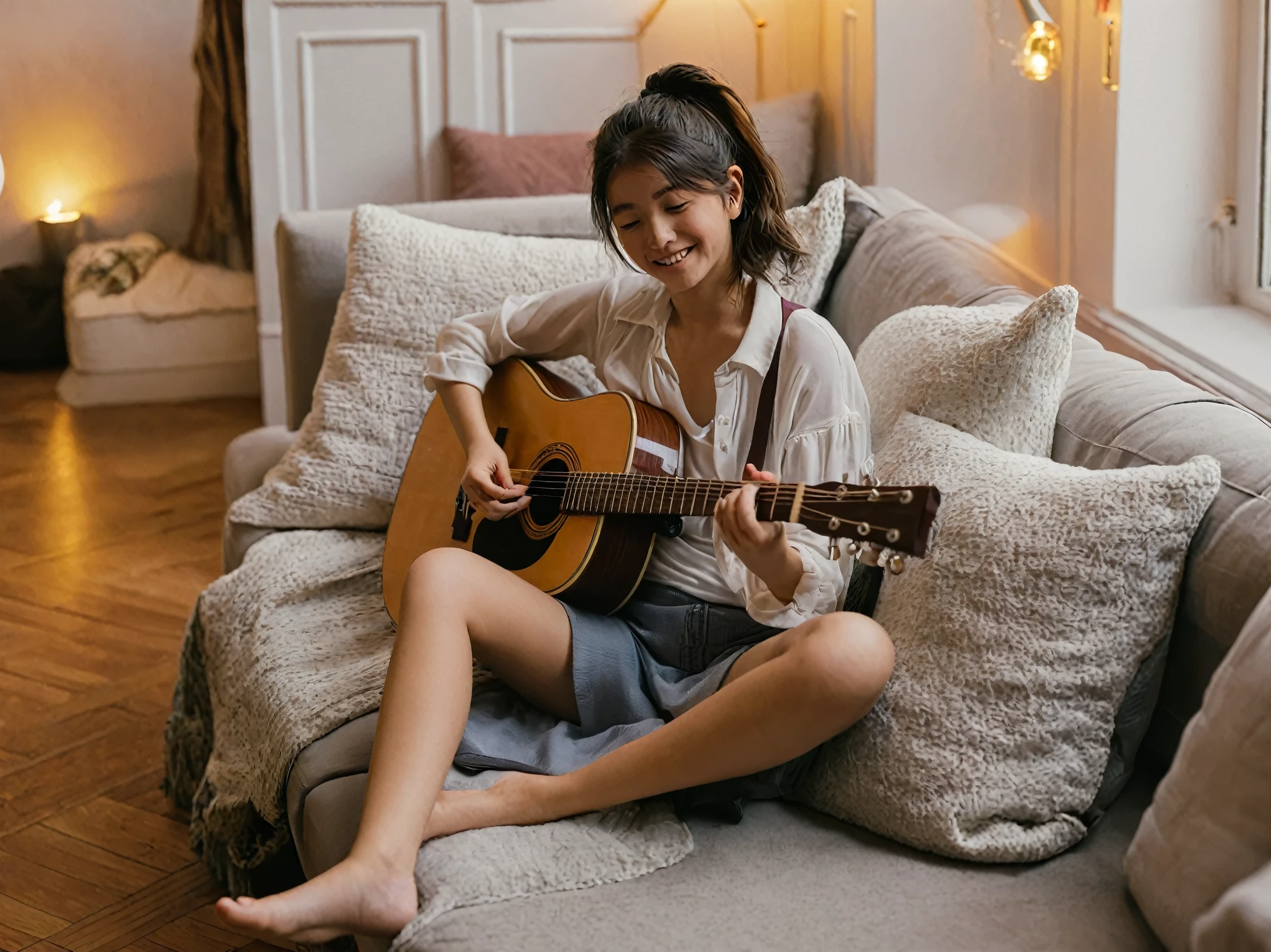 A girl playing a guitar on a couch