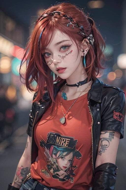 Sleeveless、The tattoo、bright red、Really red、Red、Red-haired、rot、red hairs、head phone、🎧、goth_punk, 1girl in, solo, medium shot, Walking in Harajuku, ((during night)), bokeh dof, Neon light, Iridescent eyes, starrysky, red glowing hair, Black eyebrows, Radiant hair, (iridescent red hair), 耳Nipple Ring, bangss, jewely, masks, bluntbangs, verd s eyes, Mouth mask, blurry backround, bblurry, hair adornments, Look at viewers, shorth hair, portraitures, side locks、goth、(masutepiece), (Portrait), (Aesthetic), (Beautiful), (upper blody), (High quality), (aesthetic clothings), (professional angle), (thirds rule), (Feminine), (Woman), (Female), (Beautiful),(Feminine features), (25-years old), Solo, 1 woman, (Charming punk girl), Winters, Dramatic light, ((Playing guitar)), (Standing), Edgy makeup, (Small bust), ((electric guitar)), (Front face), (Defiant expression), ((defiance)), (Leather jackets and tattoos), ((Short hair)), (dyed (E.G. and pinks) hair), (spiky hair), (Thick hair), Matte Shine Hair, (Hair bands scattered in the hair), (Green eyes), (Bold and bold look), (pale skin), (Dark clothes), (Band T-shirt), (Ripped jeans), (-), crew neckline), ((Urban alley background)), (up close shot), Beautiful hands, Two hands, normal hands, Two arms, complete hands, Beautiful body, Beautiful fingers, normal fingers, Five Fingers, Five Fingers, (Thumb index finger ring finger), Beautiful ears, normal ears, Beautiful eyes, shiny eyes, Beautiful mouth, Beautiful lips,