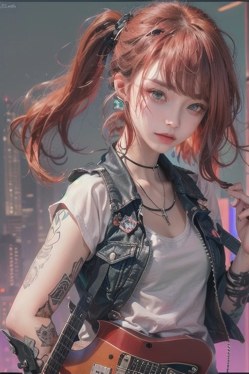 Sleeveless、The tattoo、bright red、Really red、Red、Red-haired、rot、red hairs、head phone、🎧、goth_punk, 1girl in, solo, medium shot, Walking in Harajuku, ((during night)), bokeh dof, Neon light, Iridescent eyes, starrysky, red glowing hair, Black eyebrows, Radiant hair, (iridescent red hair), 耳Nipple Ring, bangss, jewely, masks, bluntbangs, verd s eyes, Mouth mask, blurry backround, bblurry, hair adornments, Look at viewers, shorth hair, portraitures, side locks、goth、(masutepiece), (Portrait), (Aesthetic), (Beautiful), (upper blody), (High quality), (aesthetic clothings), (professional angle), (thirds rule), (Feminine), (Woman), (Female), (Beautiful),(Feminine features), (25-years old), Solo, 1 woman, (Charming punk girl), Winters, Dramatic light, ((Playing guitar)), (Standing), Edgy makeup, (Small bust), ((electric guitar)), (Front face), (Defiant expression), ((defiance)), (Leather jackets and tattoos), ((Short hair)), (dyed (E.G. and pinks) hair), (spiky hair), (Thick hair), Matte Shine Hair, (Hair bands scattered in the hair), (Green eyes), (Bold and bold look), (pale skin), (Dark clothes), (Band T-shirt), (Ripped jeans), (-), crew neckline), ((Urban alley background)), (up close shot), Beautiful hands, Two hands, normal hands, Two arms, complete hands, Beautiful body, Beautiful fingers, normal fingers, Five Fingers, Five Fingers, (Thumb index finger ring finger), Beautiful ears, normal ears, Beautiful eyes, shiny eyes, Beautiful mouth, Beautiful lips,