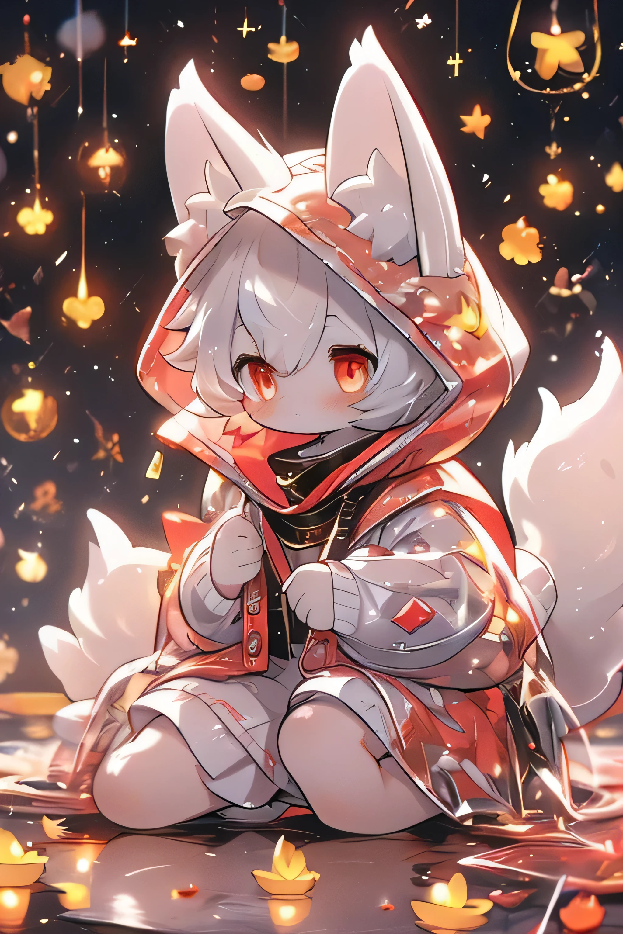 ((highest quality)), ((masterpiece)), (detailed),(pettie),Perfect Face,white hair,red eyes,Fair skin,Fox,Nine-Tailed Fox,multiple tails,fox tails