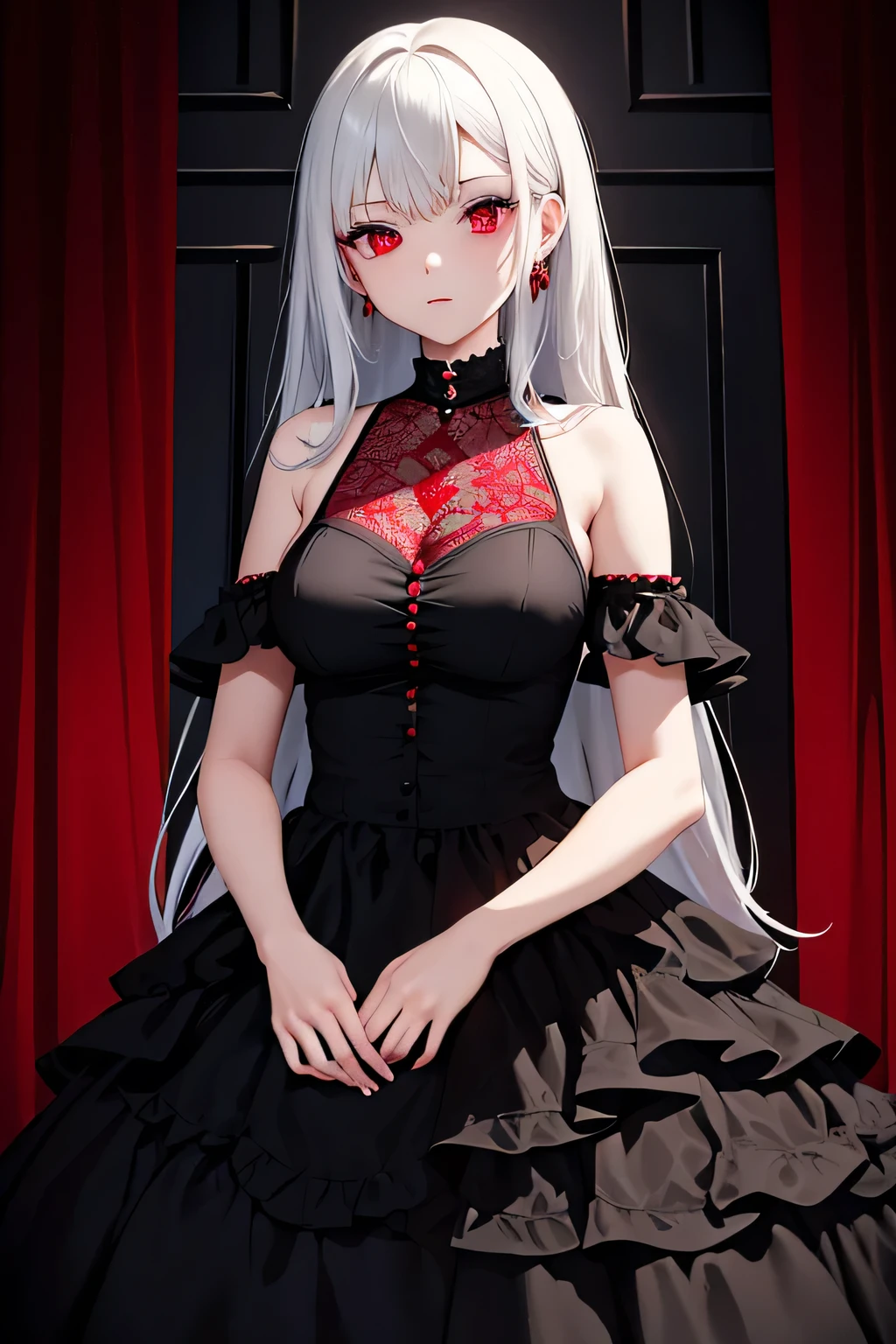  woman in a black and red dress, girl wearing a black and red dress, in dress, beautiful alluring woman, cute waifu in a nice dress, gothic maiden girl, red eyes, white hair