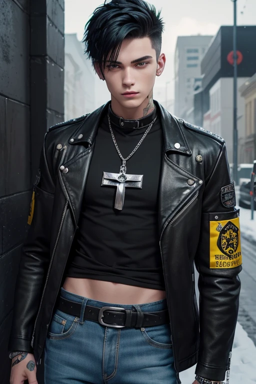 Adam Kenneth Wilson 20-year-old boy with open black jacket, blue t-shirt with snow print, short black hair, punk style, yellow locks, black jeans, green eyes, black leather belt, silver buckle, slim muscular build, cross medallion, silver bracelet, looking straight at the viewer