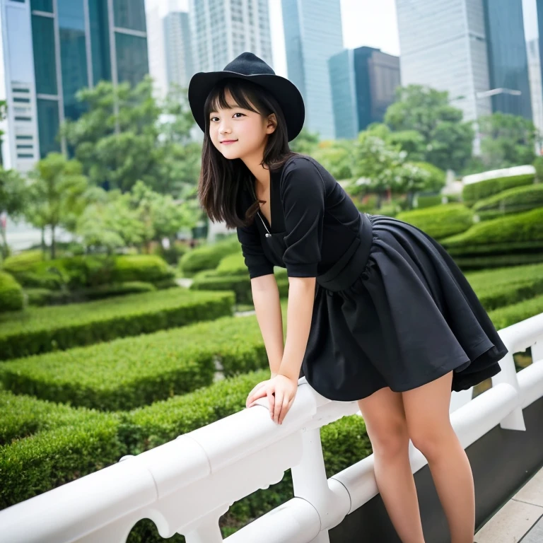 ((a very beautiful and very cute girl)),Kiki's Delivery Service,the girl is 15 years old,baby face,The girl is wearing a very large witch's black tricorn hat,the girl is wearing a frilly white dress and a black overall skirt,the girl is raiding a Flying Bamboo Broom,The girl is riding the broom and flying high above the skyscrapers of a futuristic city,The girl is straddling a bamboo broom and holding it with both hands,