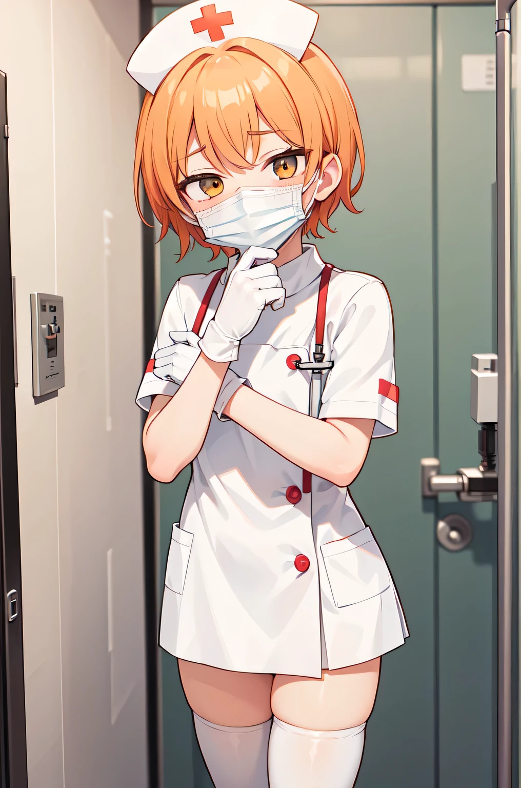 1boy, solo, male focus, nurse, white nurse cap, white nurse uniform, ((white legwear, zettai ryouiki)), white gloves, short hair, orange hair, ((white surgical mask, covered nose)), standing, ((hospital room)), sharp outline, short sleeves, shota, 12 years old, best quality, masterpiece