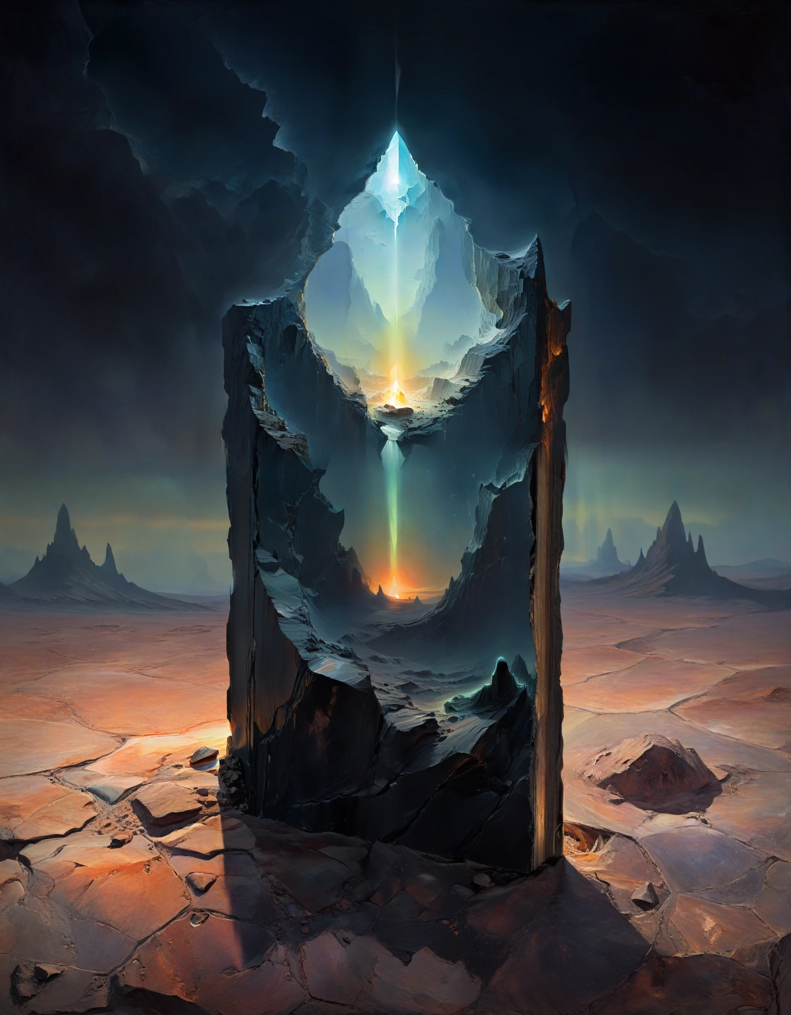 Luminous oil painting style,Incredible futuristic images appear on the Miracle Stone,mystery book cover art, suspenseful, shadowy, atmospheric, dark colors "visualize a desolate expanse where a spectral landscape unfolds from an ambient haze, as if the very fabric of reality has been drained of color and vitality. a crystalline monolith, bereft of any visible pulse or energy, rises from the barren terrain like a shard of forgotten knowledge, casting an eerie glow across the featureless surroundings. the artwork should evoke a sense of disquieting detachment, where the boundaries between nothingness and existential despair blur, leaving the viewer suspended in a state of numb indifference."