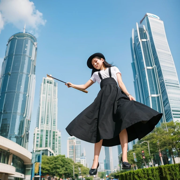 ((a very beautiful and very cute girl)),Kiki's Delivery Service,the girl is 15 years old,baby face,The girl is wearing a very large witch's black tricorn hat,the girl is wearing a frilly white dress and a black overall skirt,the girl is raiding a Flying Bamboo Broom,The girl is riding the broom and flying high above the skyscrapers of a futuristic city,The girl is straddling a bamboo broom and holding it with both hands,