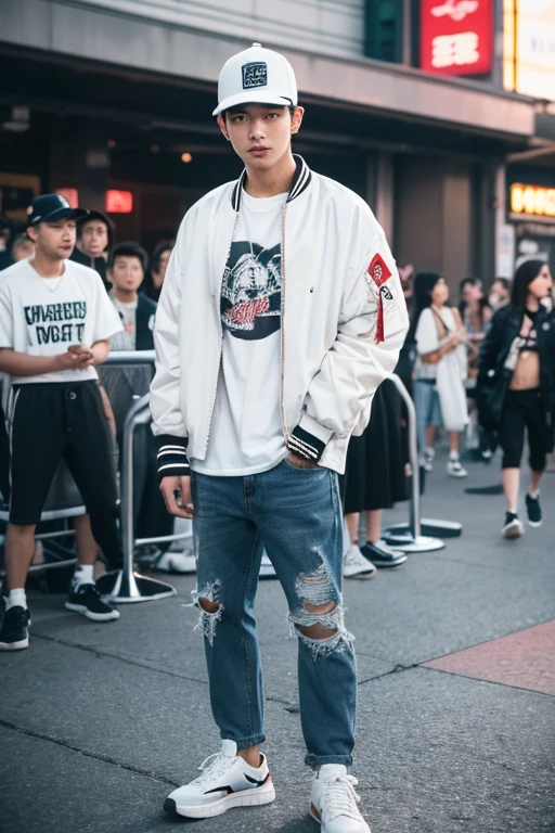 Street style portrait of 25 year old Asian man, Handsome detailed white skin, short hair, snapback hat For an oversized bomber jacket suitable for spring and summer、Iku graphic T-shirt。Coordinate with long ripped black jeans and high-top sneakers, standing facing the audience.background Tokyocity bright evening.
