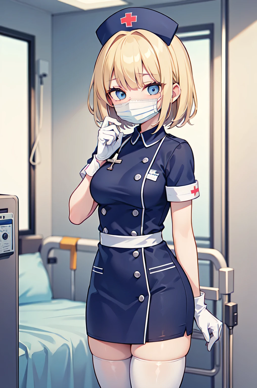 1woman, solo, nurse, white nurse cap, white nurse uniform, ((white legwear, zettai ryouiki)), white gloves, blonde hair, blue eyes, ((white surgical mask, covered nose)), standing, ((hospital room)), sharp outline, short sleeves, mature female, 35 years old, best quality, masterpiece