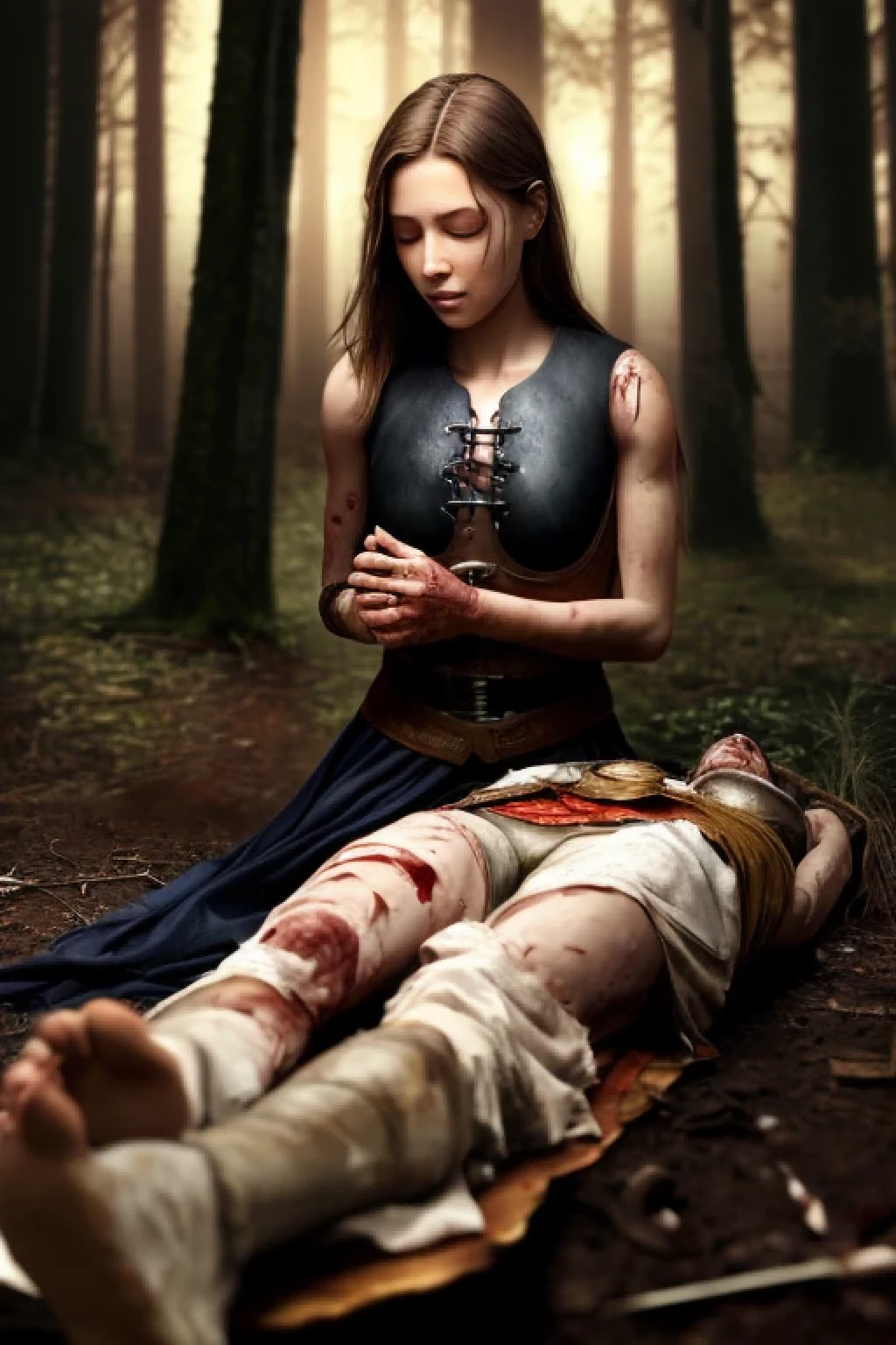 (SFW:1.5),(photo Realistic:1.4), (hyper Realistic:1.4), (Realistic:1.3), best quality,Wounded,dead body,corpse,breastplate,girl,middle ages,13 years old,slender,in the forest,Detailed skin texture,Sleeveless,feet,Dirty Skin