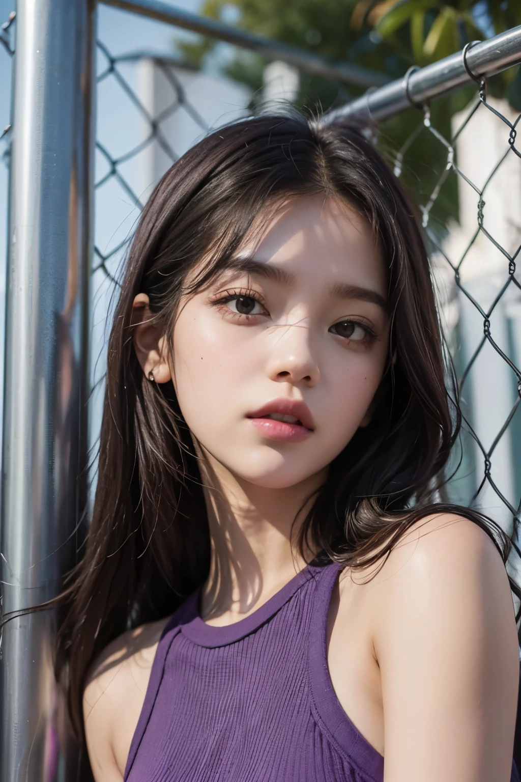 Close up of person standing in front of fence, purple top, Blackpink&#39;s Roseanne Park, Korean female fashion model, bright purple, Twice&#39;s Tzuyu, Violet Tight Tank Top, purple clothes, purple halter top, young and cute girl, cute top, pastel clothing, Jinyoung Shin, Zia, Best Face, Korean woman, wearing a cute top, random pose, 
