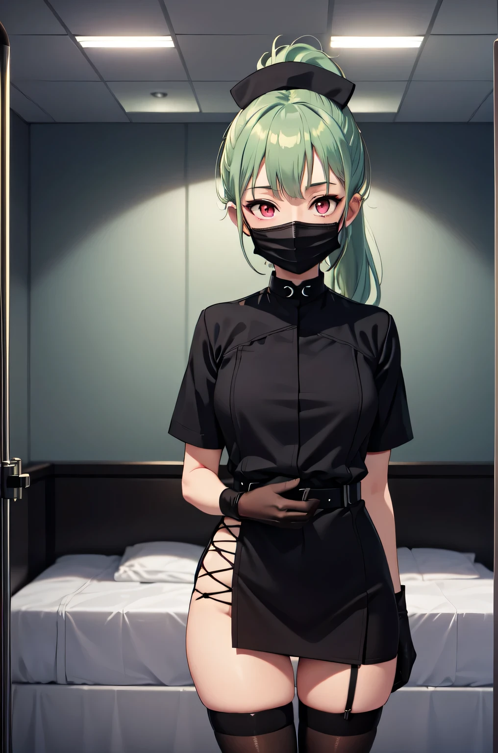 black nurse, 1girl, solo, black nurse cap, black nurse uniform, ((black legwear, zettai ryouiki)), black elbow gloves, ponytail, green hair, pink eyes, ((black surgical mask, covered nose)), standing, ((surgery room)), sharp outline, short sleeves, best quality, masterpiece