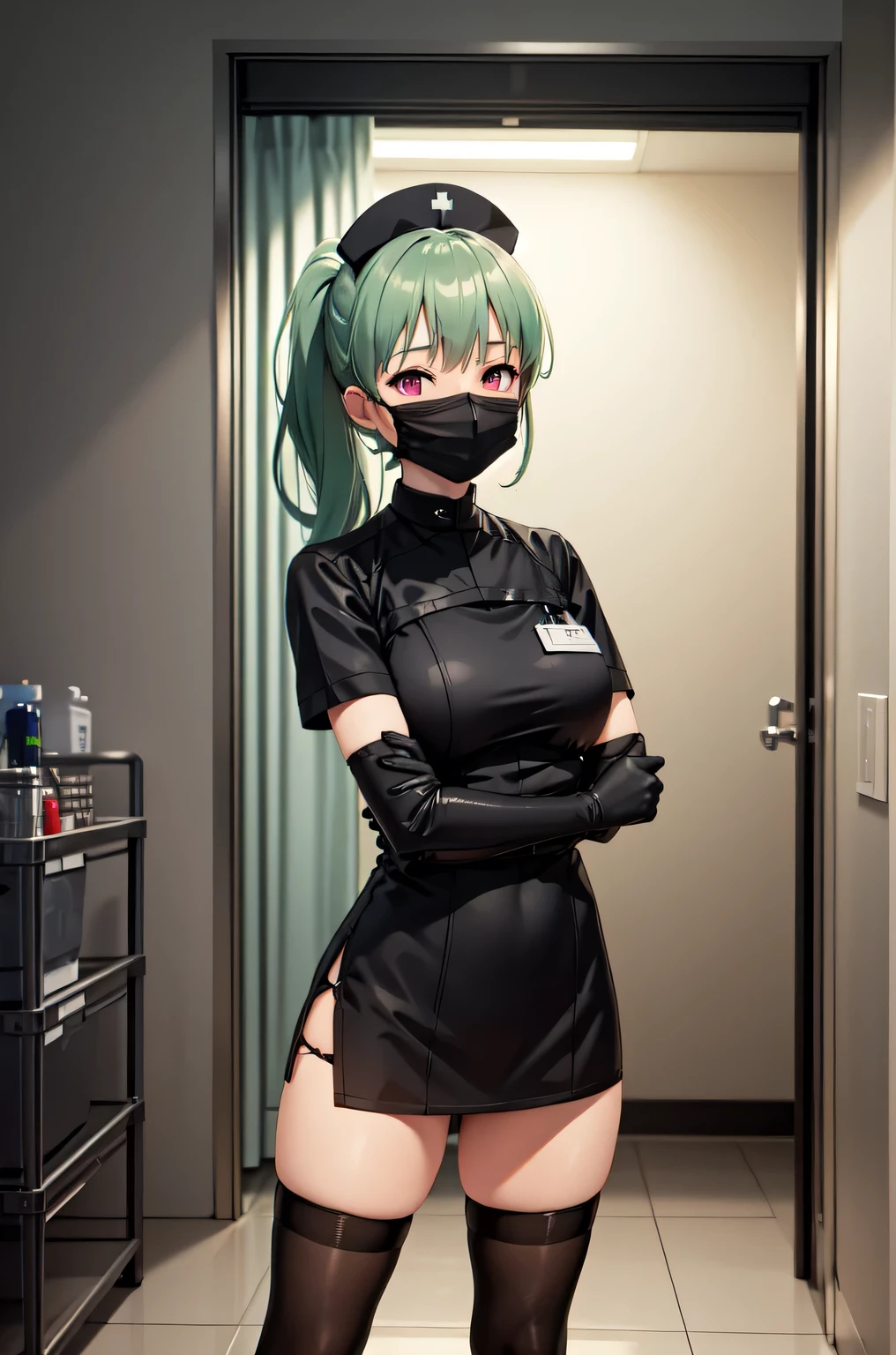 black nurse, 1girl, solo, black nurse cap, black nurse uniform, ((black legwear, zettai ryouiki)), black elbow gloves, ponytail, green hair, pink eyes, ((black surgical mask, covered nose)), standing, ((surgery room)), sharp outline, short sleeves, best quality, masterpiece