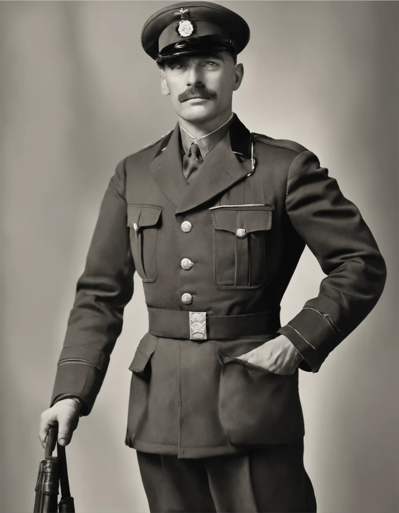 a black and white photo of a man in uniform holding binoculars, a portrait by Carlo Carrà, flickr, renaissance, ralph macquarrie, lawrence of arabia, french resistance, gurney, hugh ward, jock, close portrait, portrait of a soldier, gunner, iain mccaig, smug look, peter lloyd, trevor carlton, arnold armitage