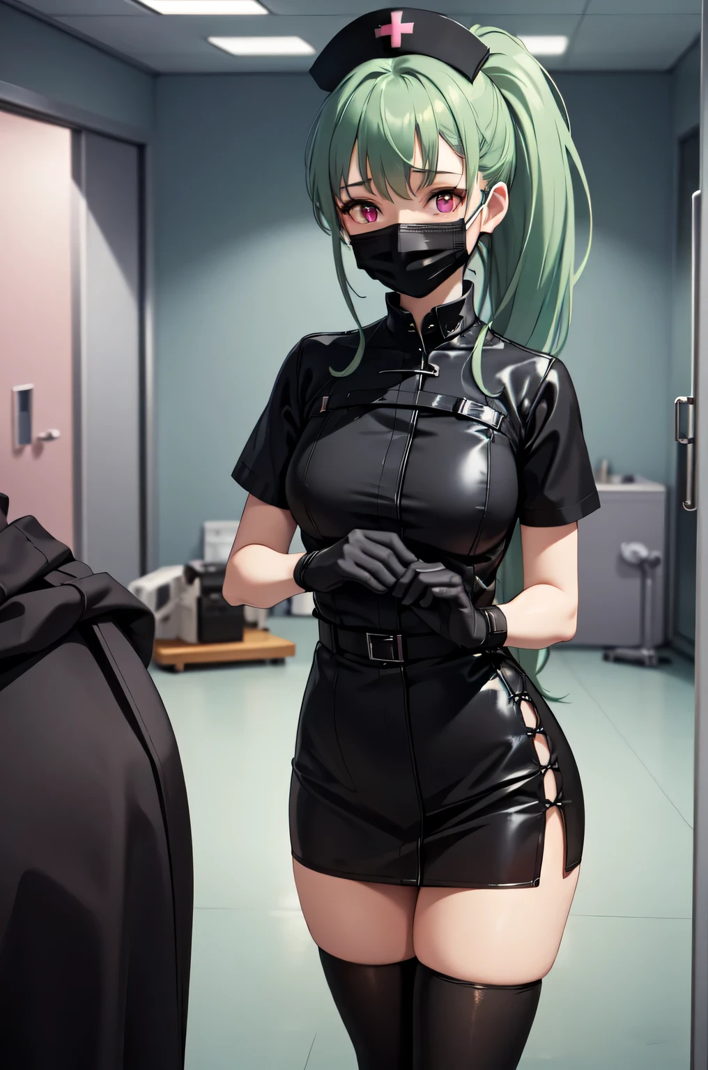 black nurse, 1girl, solo, black nurse cap, black nurse uniform, ((black legwear, zettai ryouiki)), black elbow gloves, ponytail, green hair, pink eyes, ((black surgical mask, covered nose)), standing, ((surgery room)), sharp outline, short sleeves, best quality, masterpiece