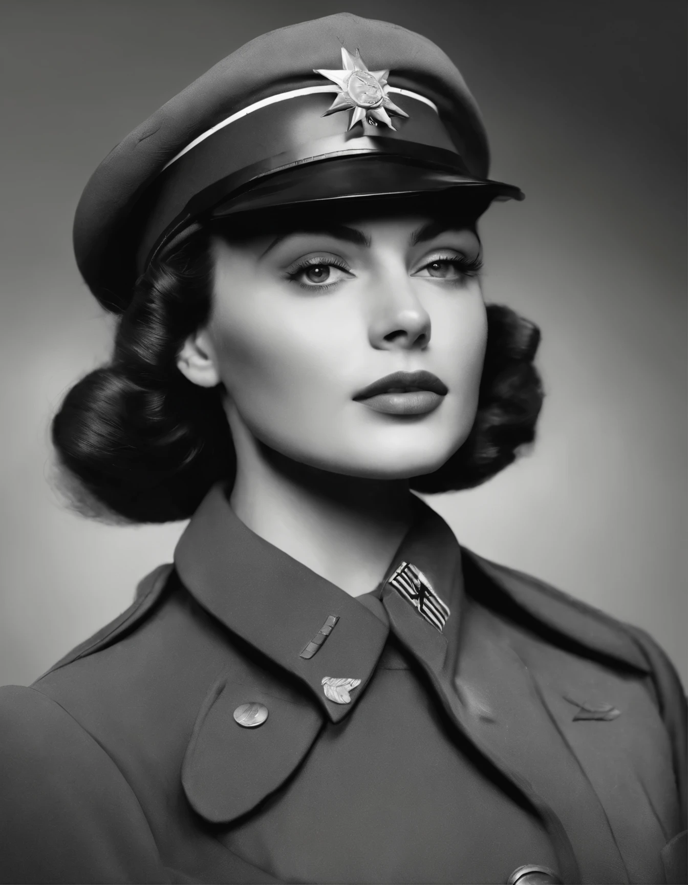 a black and white photo of a woman in uniform with a hat, young female ww 2 soldier, portrait of soldier girl, portrait of a female soldier, by Béla Kondor, inspired by Violet Oakley, by Elsie Few, lee miller, maria panfilova, by Lasar Segall, author unknown, dieselpunk soldier girl, by Dorothy Coke