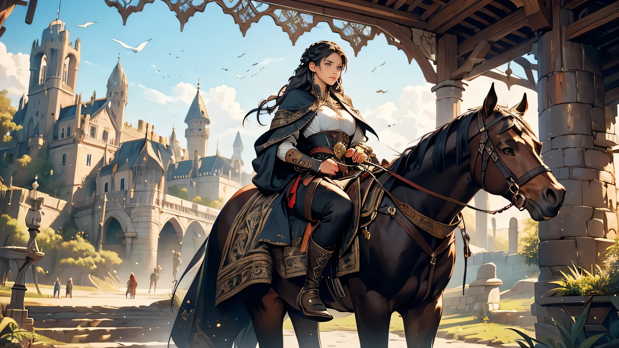 A girl with long, braided black hair and a black and white traveler was driving a black horse fast. (best quality, 4k, 8k, highres, masterpiece:1.2), ultra-detailed, (realistic, photorealistic, photo-realistic:1.37), HDR, UHD, studio lighting, extreme detail description, professional, vivid colors, bokeh, oil painting.

In the medieval fantasy setting, a courageous girl is depicted with long, braided black hair, effortlessly guiding a majestic black horse. The black and white traveler, dressed in a classic, medieval-inspired outfit, is riding alongside her. The horse, with a sleek and glossy coat, showcases its incredible strength and agility as it dashes through a picturesque landscape.

The girl's braided hair is meticulously detailed, cascading down her back, adorned with an intricately woven ribbon. Her eyes, filled with determination and adventure, captivate viewers with their beautiful detail. Her lips, painted with a graceful touch, offer a hint of mystery and elegance.

The black and white traveler exudes an air of sophistication amidst the medieval fantasy world. The intricately designed outfit combines the elegance of vintage attire with practicality, featuring a combination of leather and elegant fabrics. Fine details, such as engraved patterns and delicate embroidery, add to the character's allure.

As they brave through the fantastical world, the duo encounters various scenic elements that enhance the immersive experience. Towering castles and ancient ruins dot the landscape, offering a glimpse into the rich history of this realm. Lush forests, filled with vibrant flora and fauna, embrace the travelers as they pass by.

Capturing the essence of this medieval fantasy world requires artistic mastery, utilizing the medium of oil painting. The brushstrokes are precise and deliberate, bringing the characters and their surroundings to life. The texture and depth created through the use of oil paints complement the high resolution, allowing the details to shin