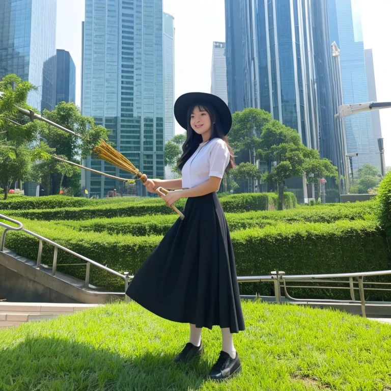 ((a very beautiful and very cute girl)),Kiki's Delivery Service,the girl is 15 years old,baby face,The girl is wearing a very large witch's black tricorn hat,the girl is wearing a frilly white dress and a black overall skirt,the girl is raiding a Flying Bamboo Broom,The girl is riding the broom and flying high above the skyscrapers of a futuristic city,The girl is straddling a bamboo broom and holding it with both hands,