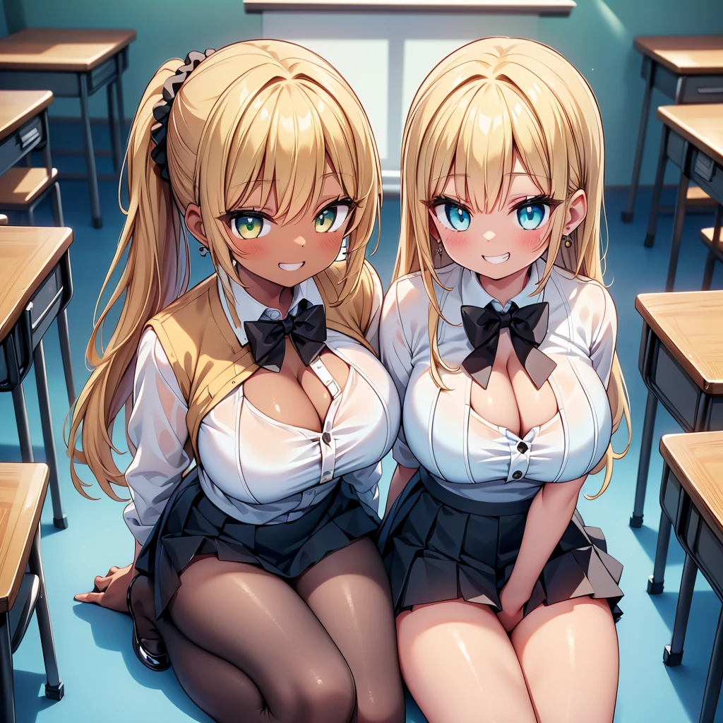 (cute eyes:1.2), (sparkling eyes:1.2), (8K、Best image quality、highest quality、masterpiece)、Detailed face、(2 girls)、Improve、((Brown Skin:1.3))、blonde、Low Ponytail、Scrunchie、Yellow Eyes、Earrings、Wicked Smile、((Grin))、(glamorous:1.1), (huge )、((White collared shirt))、(cleavag)、Cleavage、((Blacd skirt))、((mini skirt))、White socks、loafers、Sit on a chair、whole body、Taken from above、Classroom Background、 (black stockings:1.1), (Thighs), (Waistline)