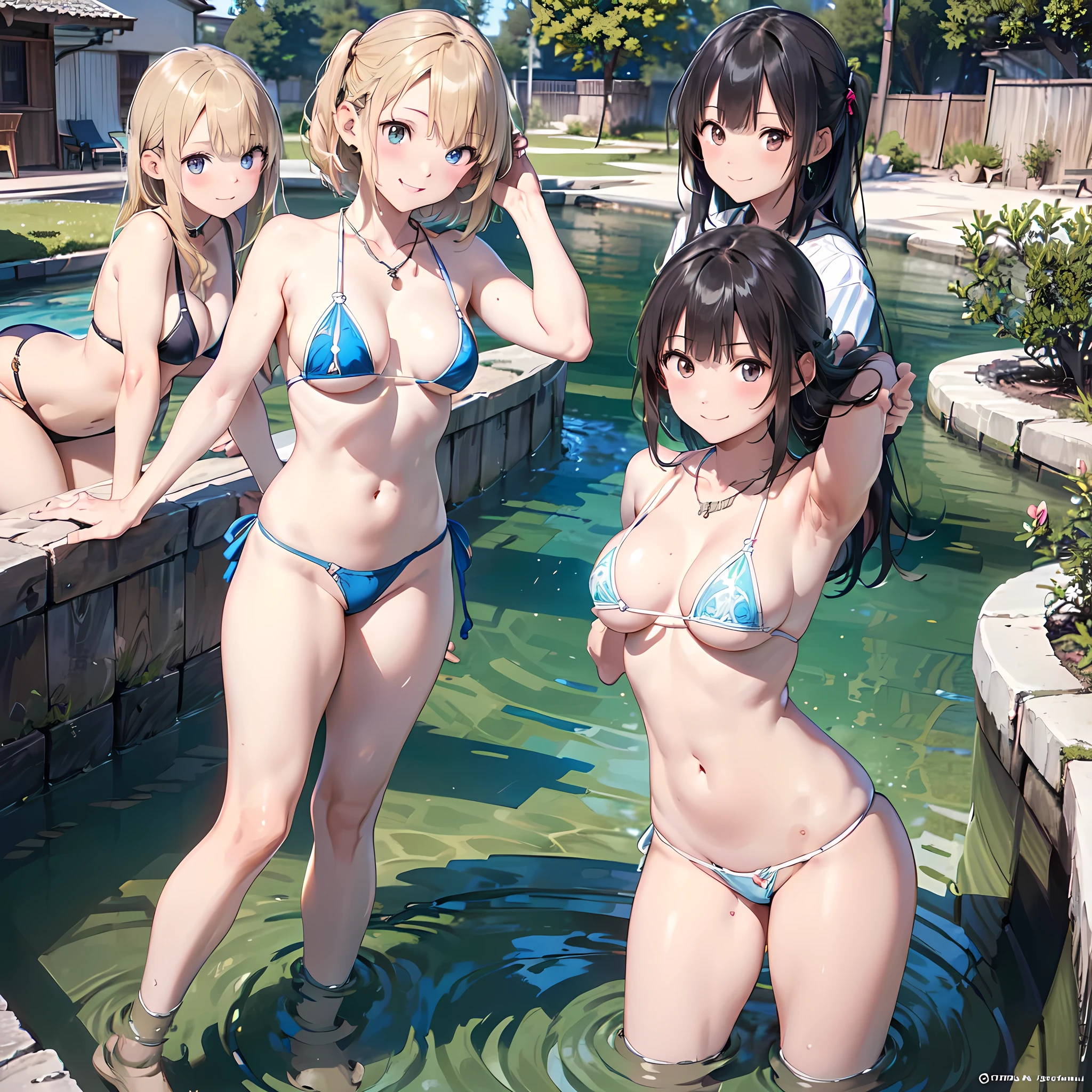 ((masterpiece, best quality, ultra quality, high quality, hyper detailed, intricate detailed, perfect ???????, shiny skin, cowboy shot,)), (3women are posing for a camera in the water), Laughing with your mouth open, brown hair, blond hair, navel, jewelry, looking at viewer, necklace, long hair, short hair, Abdominal muscles,pastel colour, Thong