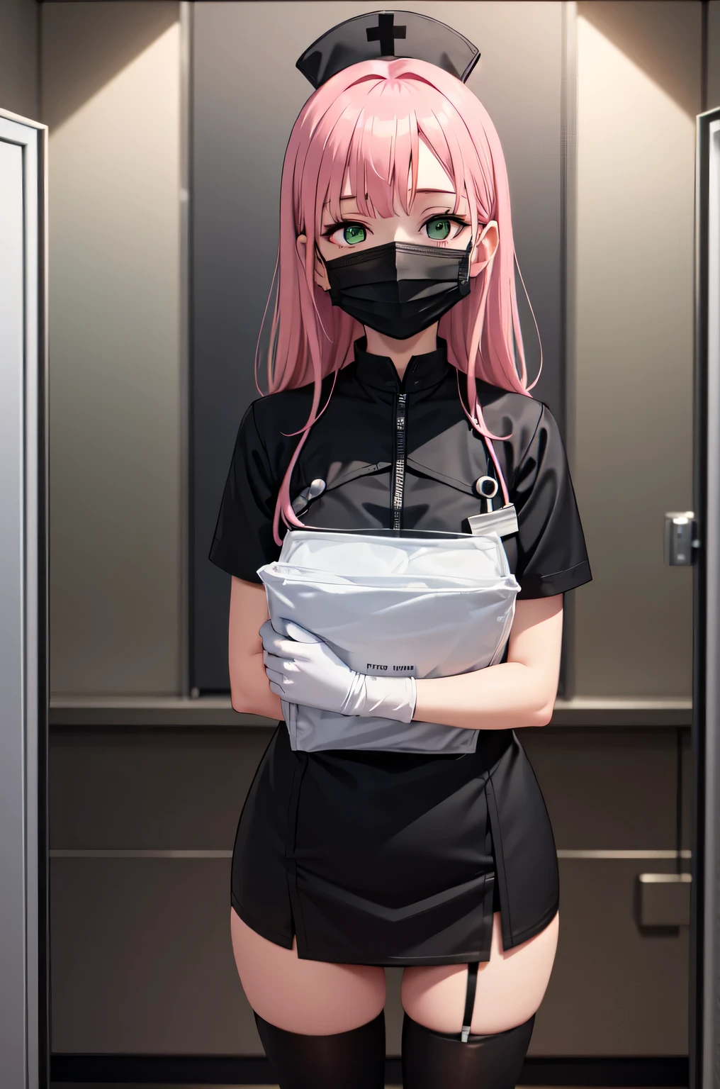 black nurse, 1girl, solo, black nurse cap, black nurse uniform, ((black legwear, zettai ryouiki)), black elbow gloves, pink hair, green eyes, drooping eyes, ((black surgical mask, covered nose)), standing, ((surgery room)), sharp outline, short sleeves, best quality, masterpiece