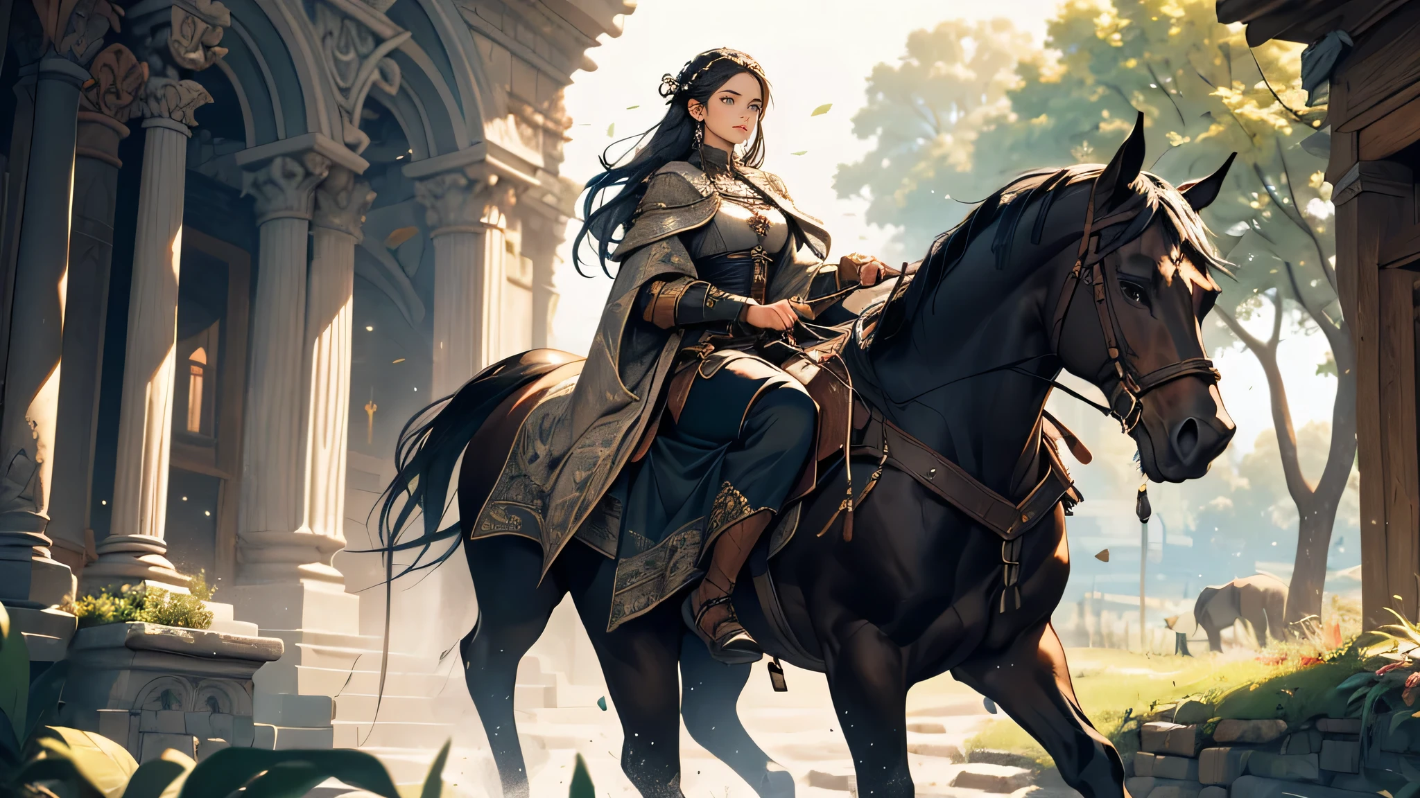 A girl with long, braided black hair and a black and white traveler was driving a black horse fast. (best quality, 4k, 8k, highres, masterpiece:1.2), ultra-detailed, (realistic, photorealistic, photo-realistic:1.37), HDR, UHD, studio lighting, extreme detail description, professional, vivid colors, bokeh, oil painting.

In the medieval fantasy setting, a courageous girl is depicted with long, braided black hair, effortlessly guiding a majestic black horse. The black and white traveler, dressed in a classic, medieval-inspired outfit, is riding alongside her. The horse, with a sleek and glossy coat, showcases its incredible strength and agility as it dashes through a picturesque landscape.

The girl's braided hair is meticulously detailed, cascading down her back, adorned with an intricately woven ribbon. Her eyes, filled with determination and adventure, captivate viewers with their beautiful detail. Her lips, painted with a graceful touch, offer a hint of mystery and elegance.

The black and white traveler exudes an air of sophistication amidst the medieval fantasy world. The intricately designed outfit combines the elegance of vintage attire with practicality, featuring a combination of leather and elegant fabrics. Fine details, such as engraved patterns and delicate embroidery, add to the character's allure.

As they brave through the fantastical world, the duo encounters various scenic elements that enhance the immersive experience. Towering castles and ancient ruins dot the landscape, offering a glimpse into the rich history of this realm. Lush forests, filled with vibrant flora and fauna, embrace the travelers as they pass by.

Capturing the essence of this medieval fantasy world requires artistic mastery, utilizing the medium of oil painting. The brushstrokes are precise and deliberate, bringing the characters and their surroundings to life. The texture and depth created through the use of oil paints complement the high resolution, allowing the details to shin