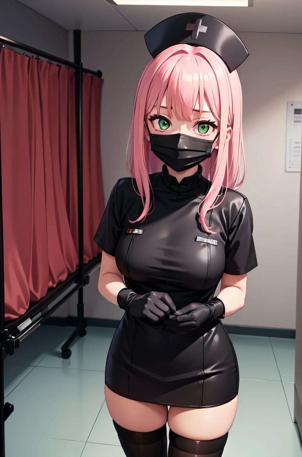 black nurse, 1girl, solo, black nurse cap, black nurse uniform, ((black legwear, zettai ryouiki)), black elbow gloves, pink hair, green eyes, drooping eyes, ((black surgical mask, covered nose)), standing, ((surgery room)), sharp outline, short sleeves, best quality, masterpiece