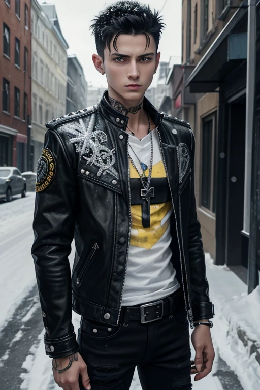 Nicolas Grimes 20-year-old boy with open black jacket, blue t-shirt with snow print, short black hair, punk style, yellow locks, black jeans, green eyes, black leather belt, silver buckle, slim muscular build, cross medallion, silver bracelet, looking straight at the viewer