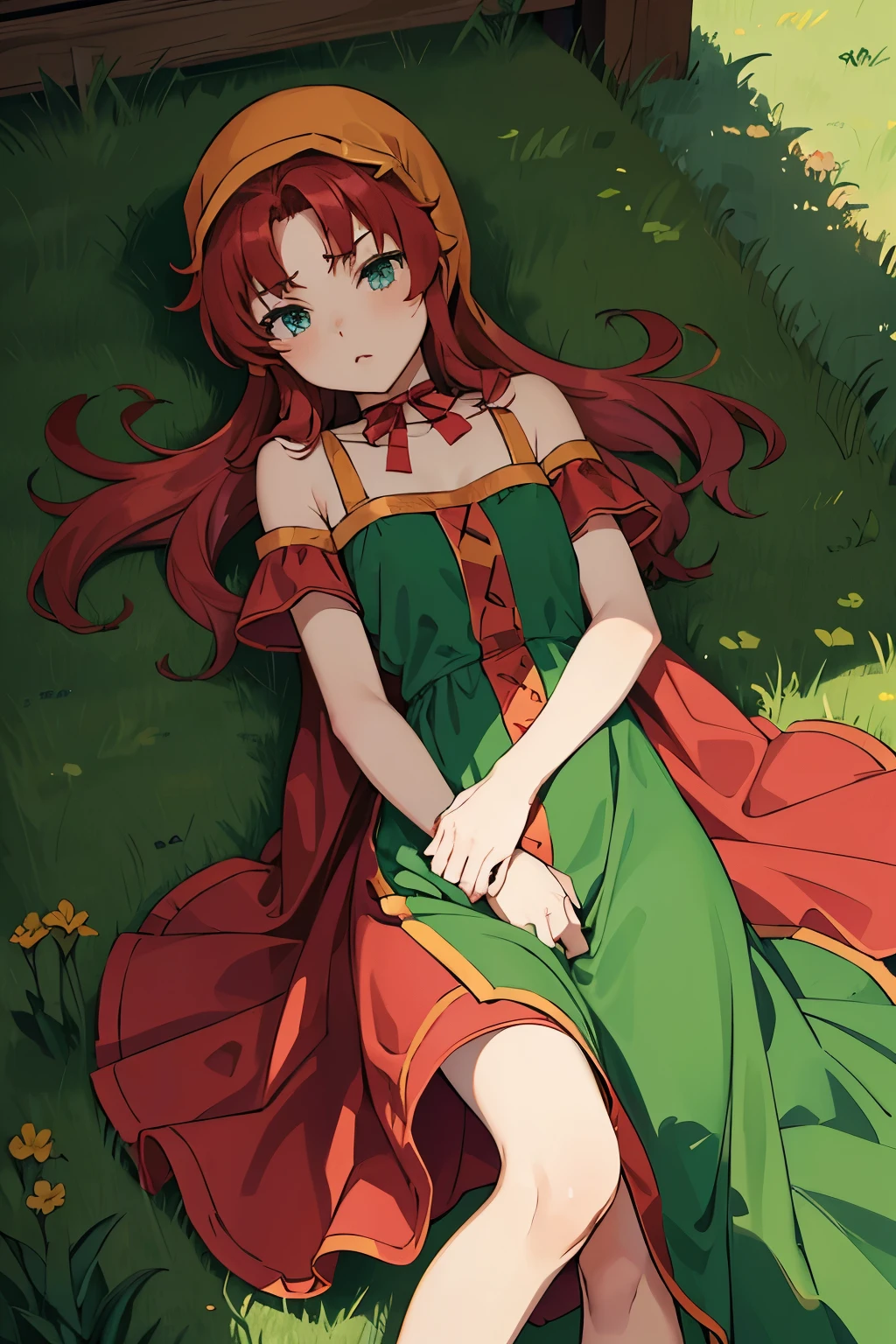 High resolution、highest quality、Small stature、Small shoulders、White skin、long hair、slender、maribel、 red hair、hood, (((green dress)))、blush、Thin thighs、((Lying on the ground、Lying down))、Daytime Grassland