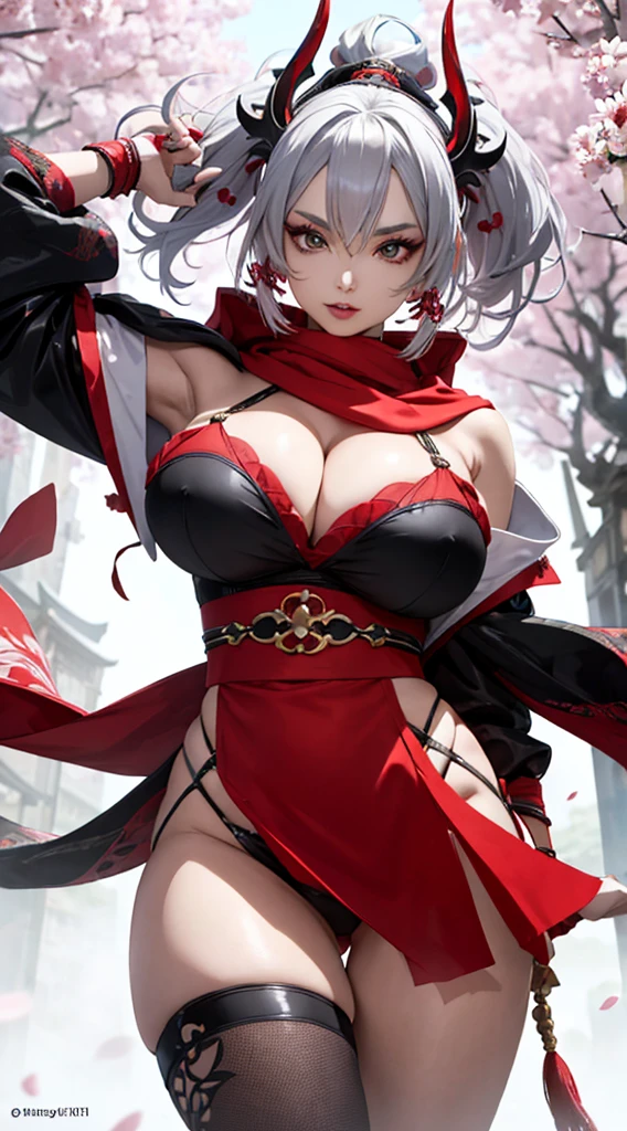 Very detailedな CG Unity 8K UHD 品質解像度の壁紙, Award-winning portraits, Official Art, A perfect masterpiece, highest quality, Highest Resolution, The most beautiful demon goddess, Very detailed Harajuku style hooded ninja costume, Red mini skirt,Red scarf, Bold colors and patterns, Trendy and innovative platinum white mohawk hairstyle, Bright makeup, Super huge huge , Showing cleavage, Huge breasts spilling out of ninja costume, A stunning feudal Japanese garden, Faithfully recreated feudal Japan..., Cherry blossoms blown by the wind, Vibrant color scheme, Insane Details, Beautiful and dense face, blush, Sexy and charm lascivious expression, Looking at the audience, Saucy, charm, sexy, Dynamic pose, Intricate details, Very detailed.
